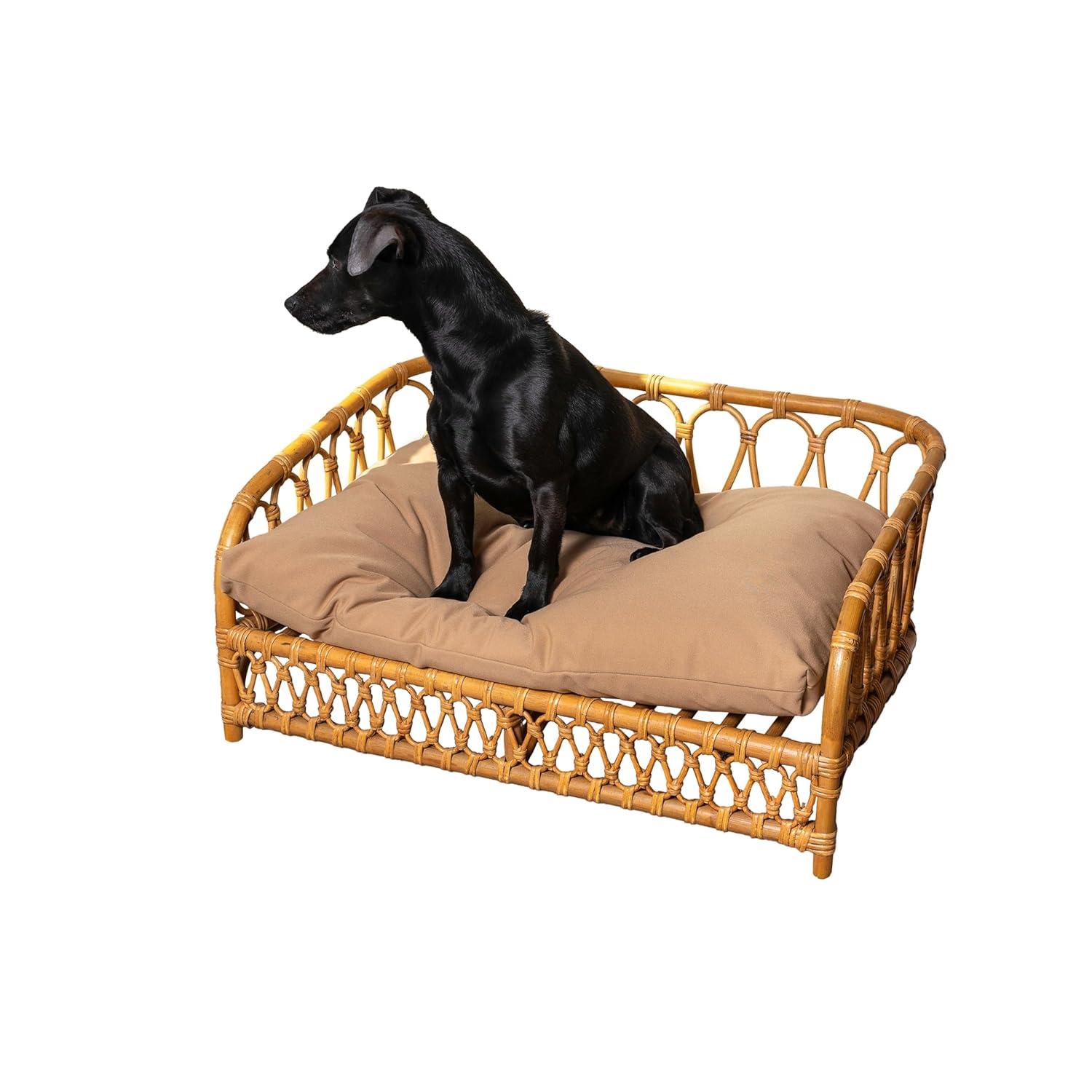 Elevated 27.5" x 17" Bohemian Handwoven Rattan Dog Daybed with Machine-Washable Cushion, Natural