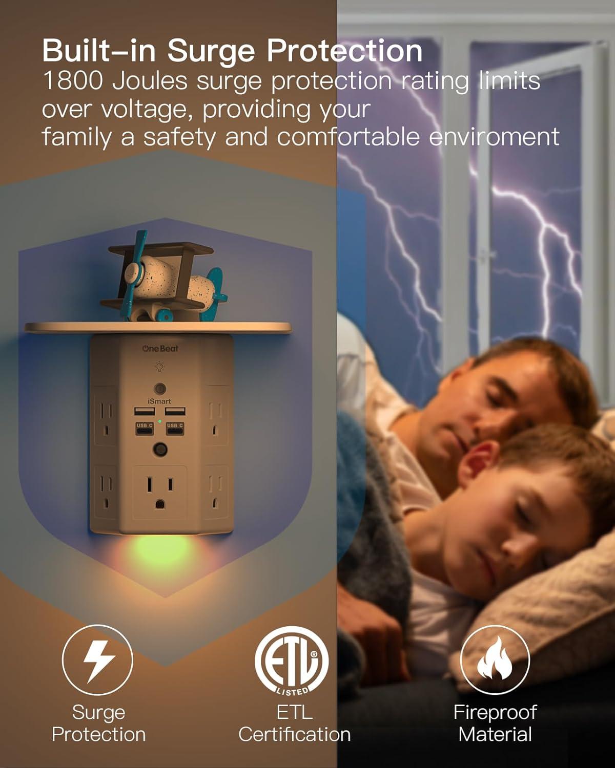 Multi Plug Outlets, Wall Outlet Extender with Night Light and Outlet Shelf, Surge Protector 4 USB Ports(1 USB C), USB Wall Charger Power Strip Electric Outlet Splitter for Home Office White