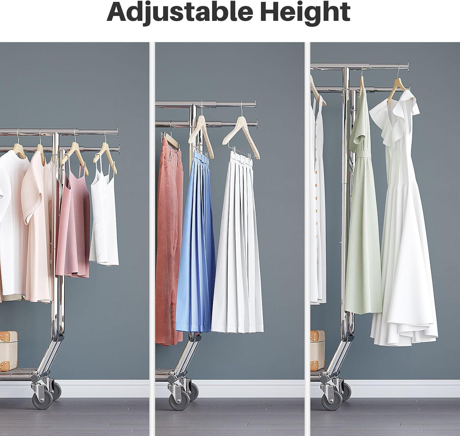 HOKEEPER Double Clothing Garment Rack with Shelves Capacity 600 lbs Clothing Racks on Wheels Rolling Clothes Rack for Hanging Clothes Heavy Duty Portable Collapsible Commercial Garment Rack Chrome