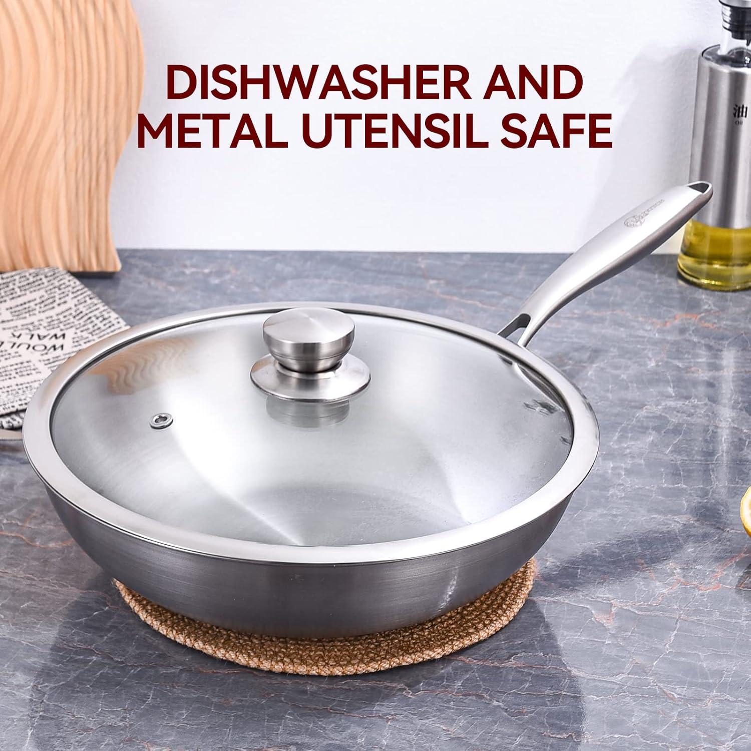 LOLYKITCH 12 Inch Tri-Ply Stainless Steel Wok Pan with Lid, Stir-Frying Pan,Induction Cooking Pan,Dishwasher and Oven Safe,Heavy Duty and Detachable Handle.