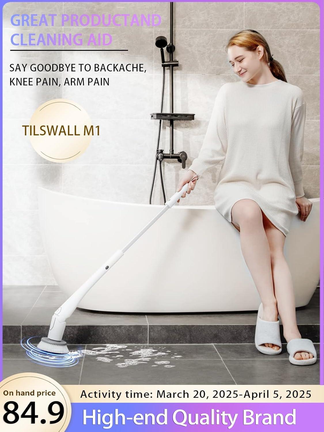 Tilswall Cordless Electric Spin Scrubber - IPX7 Waterproof Cleaning Brush with 180Min Runtime & 43" Extendable Handle, Ideal Gift for Home/Bathroom/Car (Includes 4 Brush Heads)