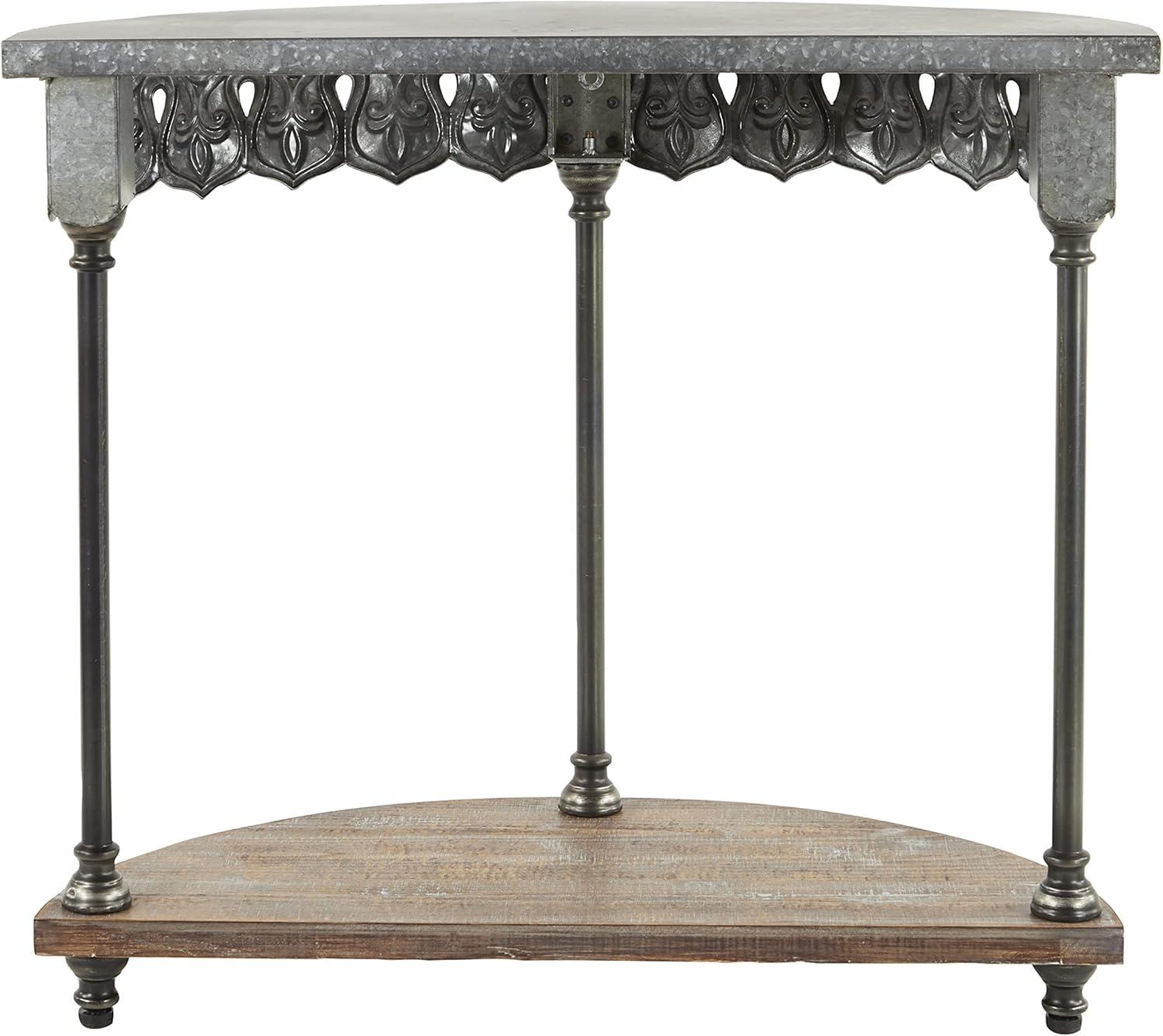 Gray Metal and Wood Demilune Console Table with Storage