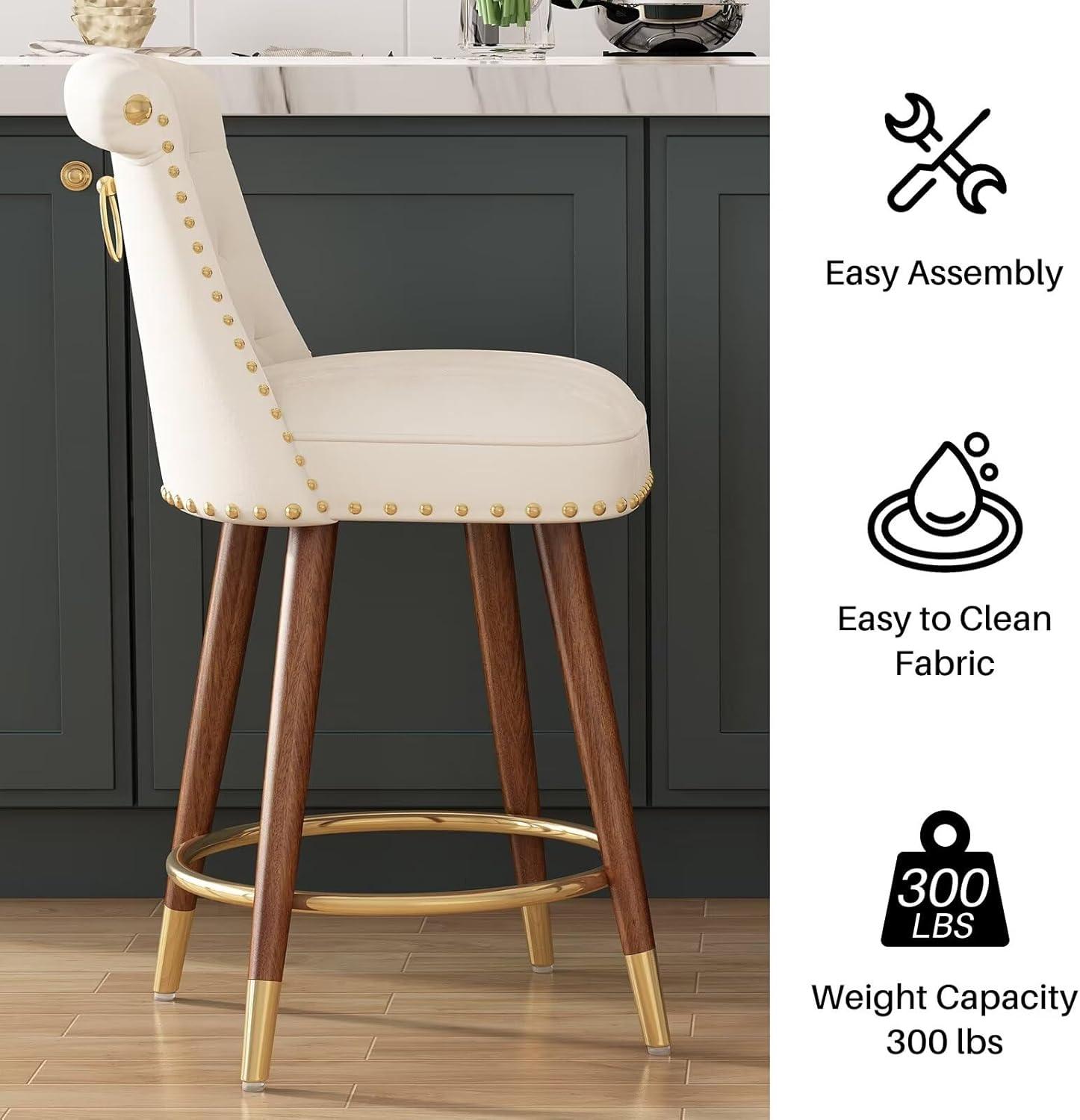 Counter Height Bar Stools, 360° Swivel Bar Stools Set of 2, Upholstered Barstools with Back and Footrest for Kitchen Island, 24" H Seat Height, Solid Wood Legs, Velvet Fabric in Beige