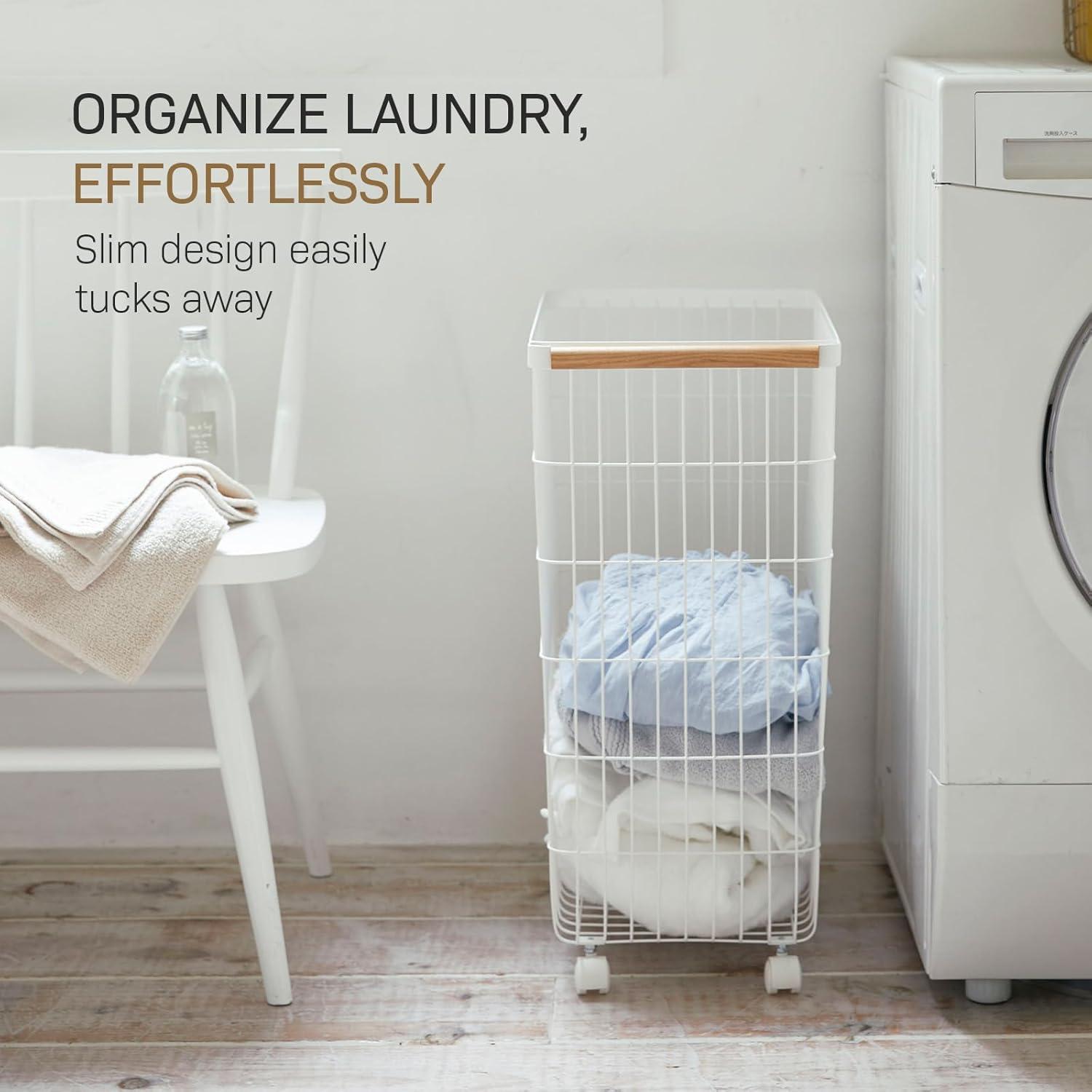 Yamazaki Home Slim Rolling Laundry Basket Hamper, Steel + Wood, 14.5 gallons, Handles, Wheels