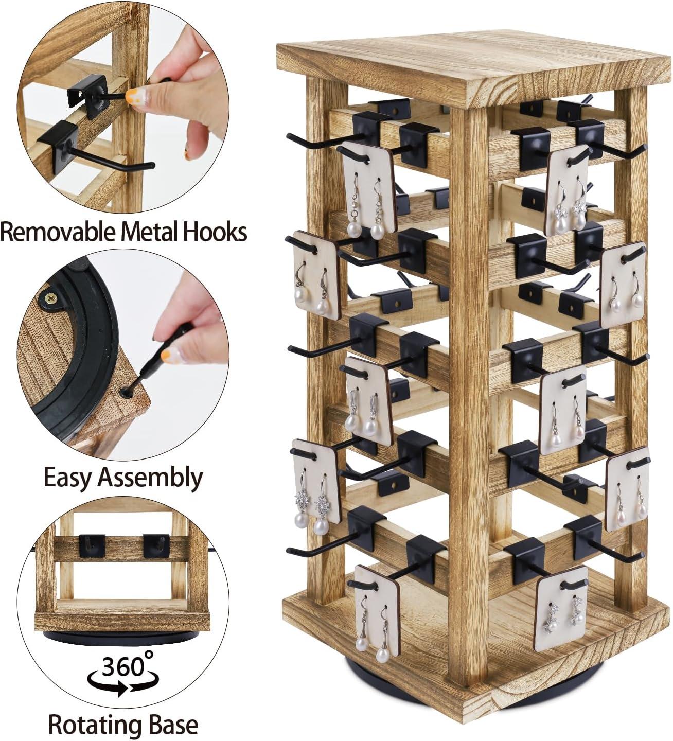 Latitude Run® Design Exquisite Rotating Jewelry Tower- Natural Wood Finish- Showcase And Organize Your Collection With 42 Hooks- Easy Earring Display Stand- 5 Bars On Each Face For Maximum Storage -Oak Color