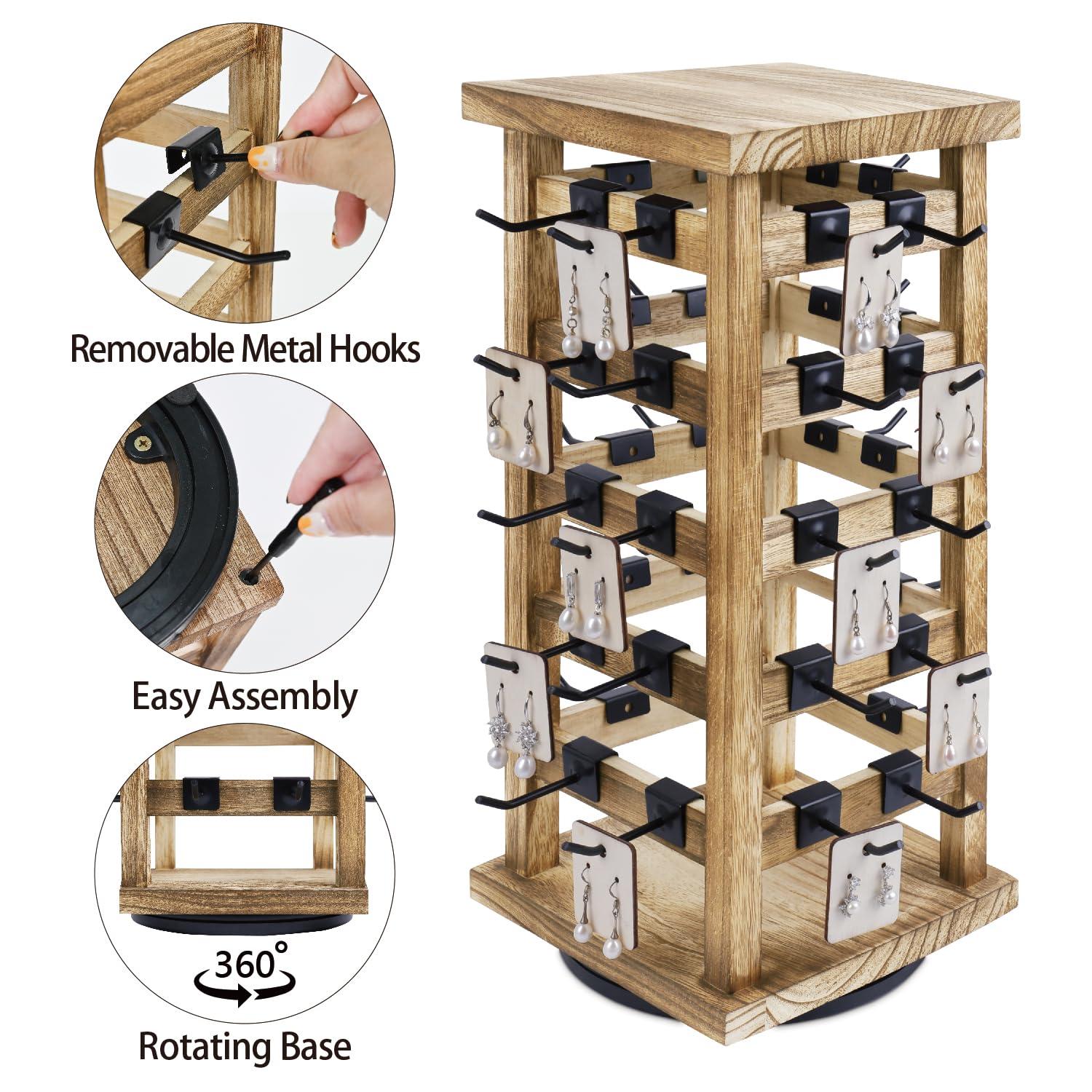 Latitude Run® Design Exquisite Rotating Jewelry Tower- Natural Wood Finish- Showcase And Organize Your Collection With 42 Hooks- Easy Earring Display Stand- 5 Bars On Each Face For Maximum Storage -Oak Color
