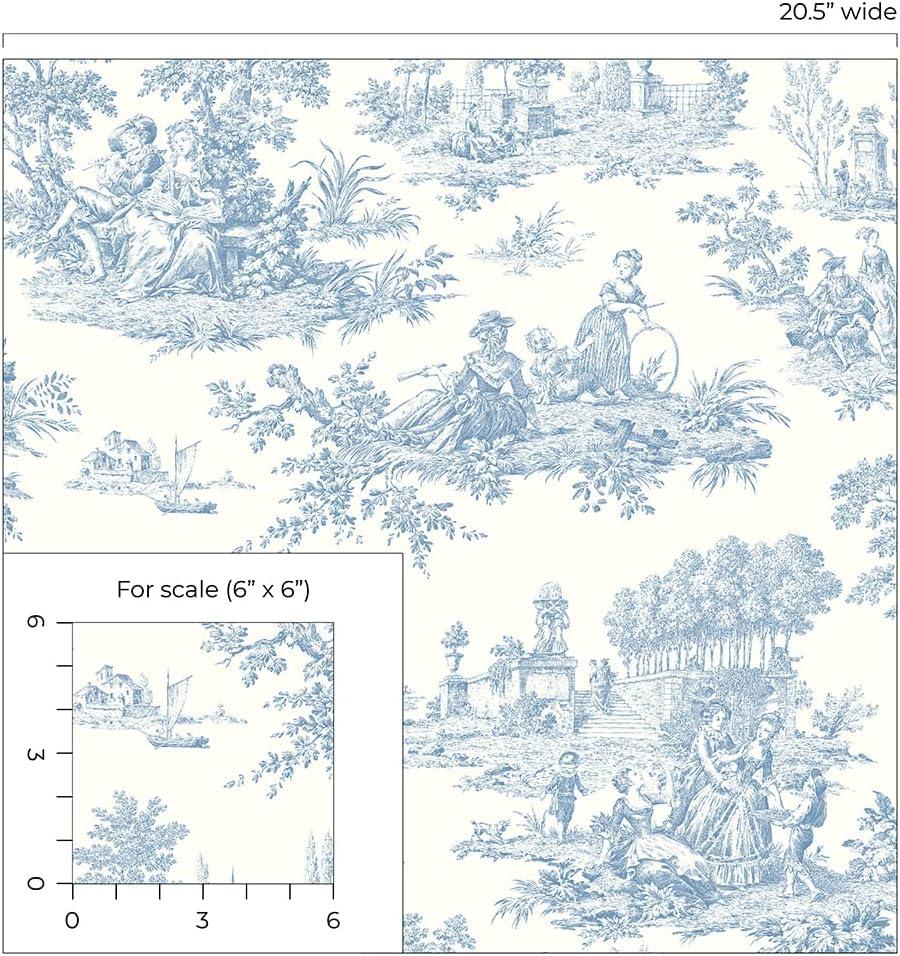 NextWall Chateau Toile Peel and Stick Wallpaper Blue: Removable Vinyl, Self-Adhesive, Traditional Toile Design, 30.75 Sq Ft Coverage