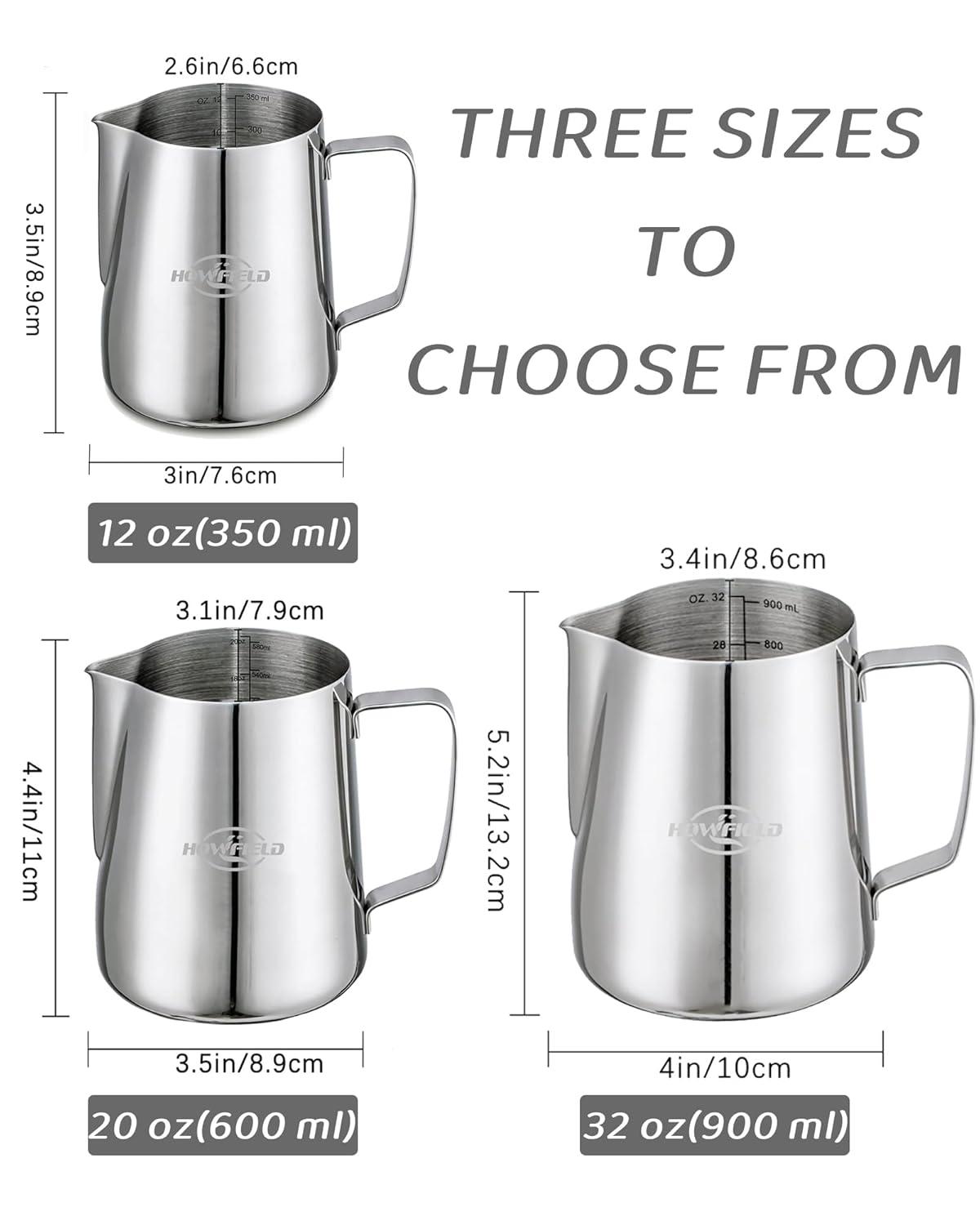 12oz (350ml) Milk Frothing Pitcher 304 Stainless Steel Steaming Jug with Latte Art Pen Anti-Scald Handle & Scale Barista Frother Cup for Cappuccino, Latte, Coffee Accessories