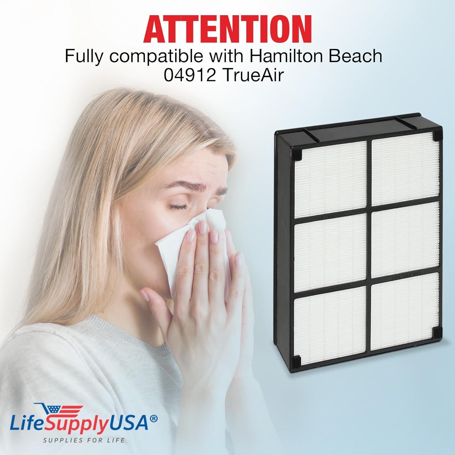 LifeSupplyUSA HEPA Filter Replacement Compatible with Hamilton Beach 04912 TrueAir Air Purifier Models 04160, 04161, 04150