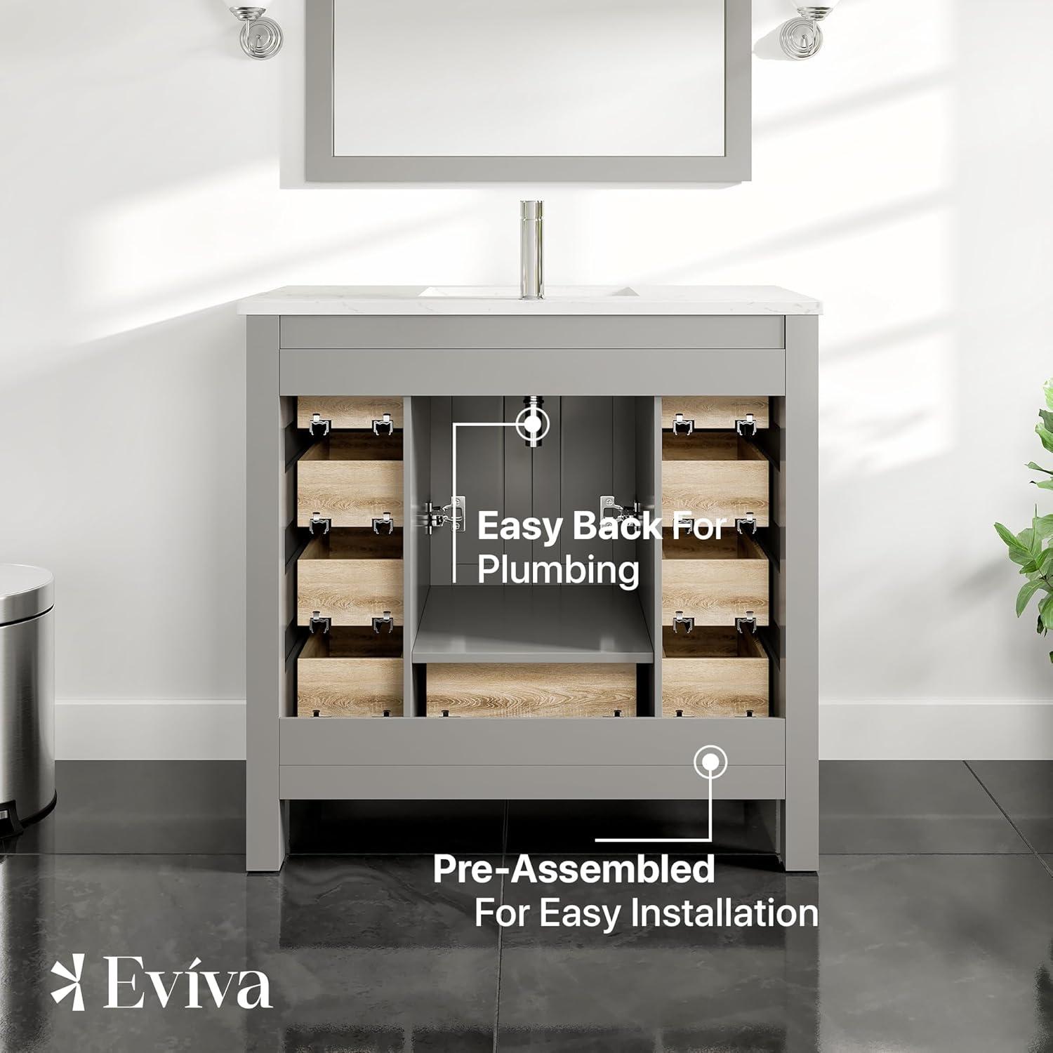 Eviva Hampton 36" Gray Transitional Bathroom Vanity w/ White Carrara Top