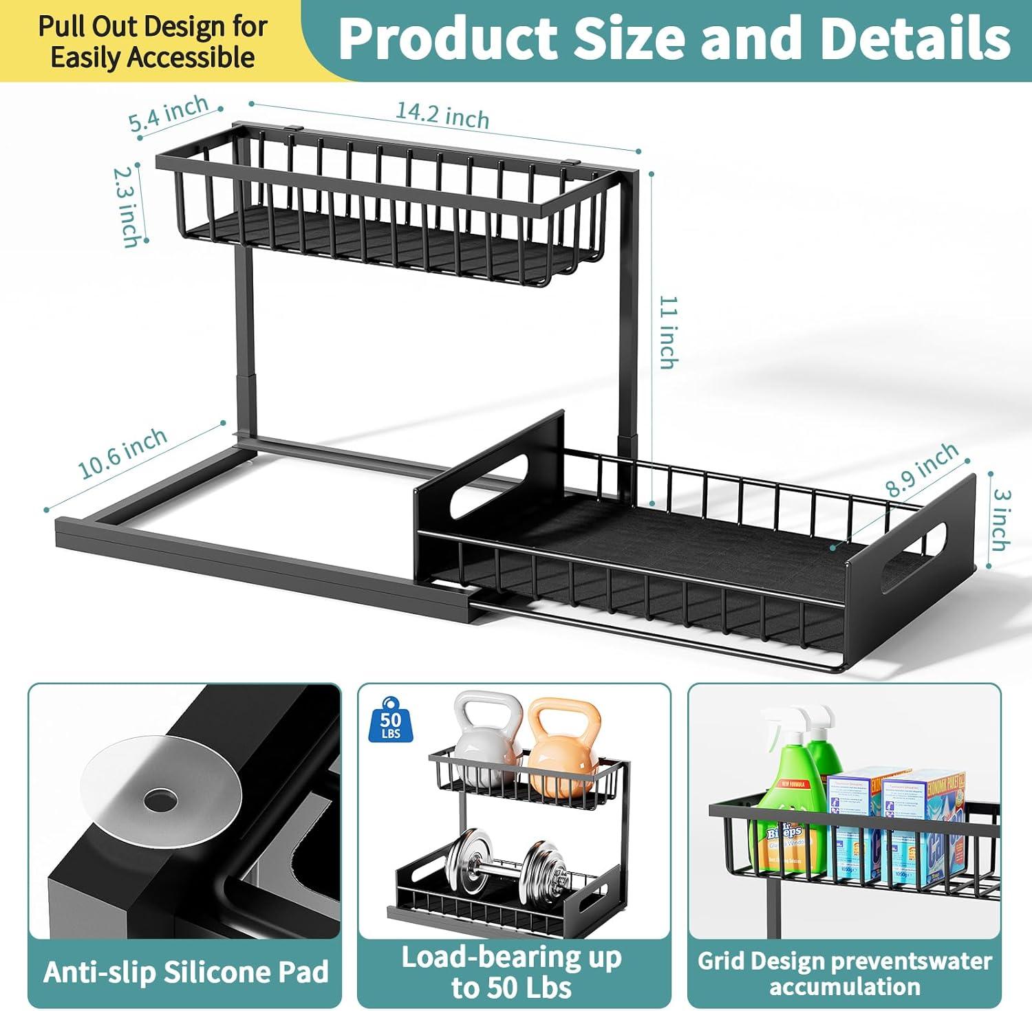 DELAMU 2 Pack Under Sink Organizers and Storage, Pull Out Trash Can Under Cabinet, 2 Tier Bin Organizer with Hooks and Haning Cups, Multi-Purpose Sliding Under Cabinet Organizer