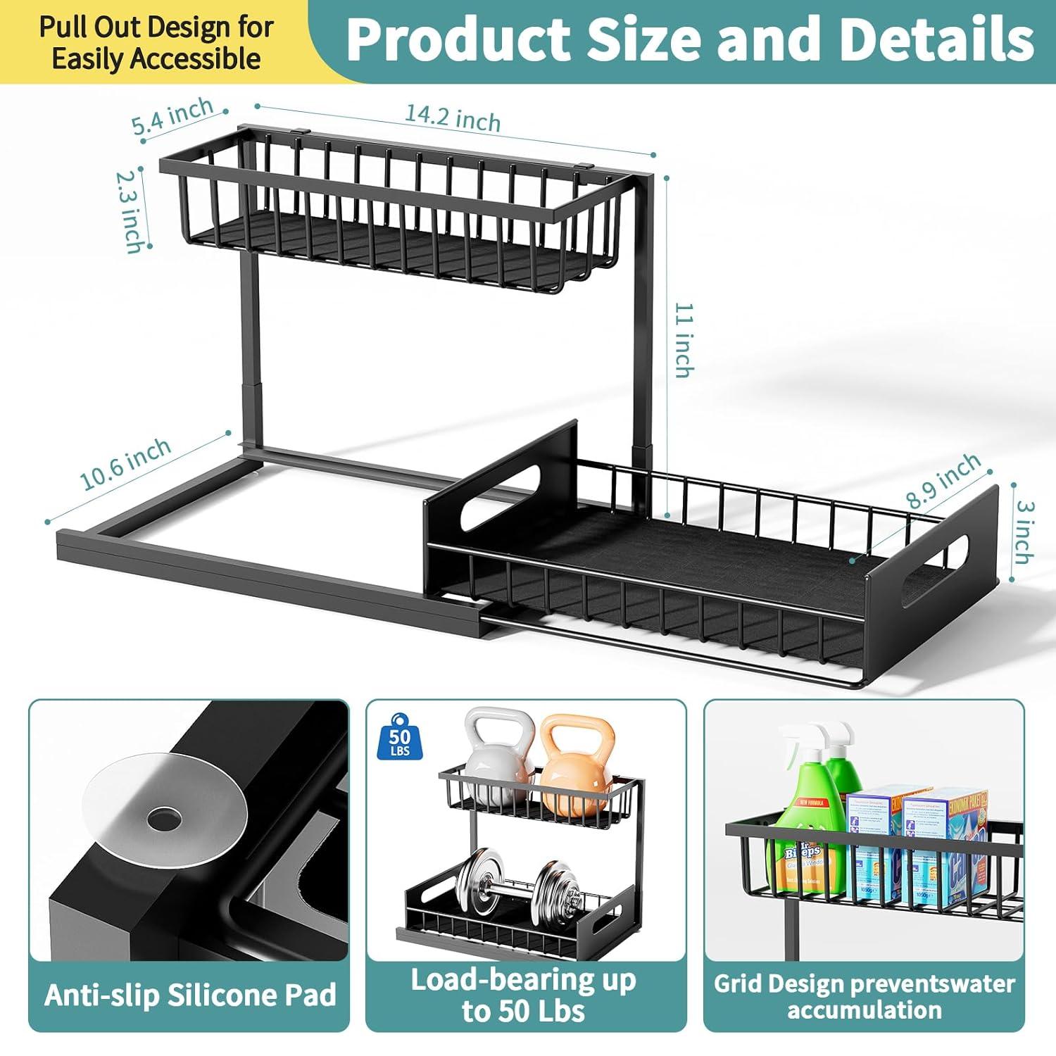 Rebrilliant Under Sink Organizer, 2 Tier Under Sink Organizers And Storage, Metal Slide Out Pull Out Cabinet Organizer ,2 Pack Sliding Drawer Organizer For Kitchen Bathroom Pantry