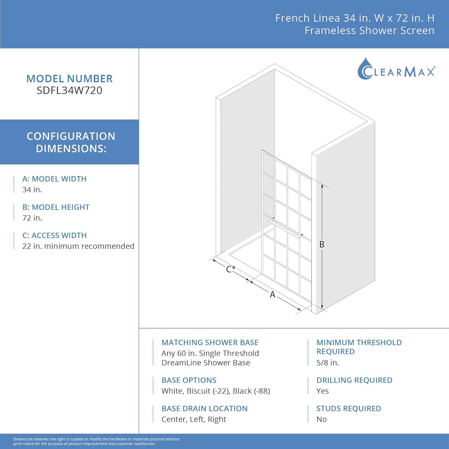 34" W x 72" H Frameless Shower Door