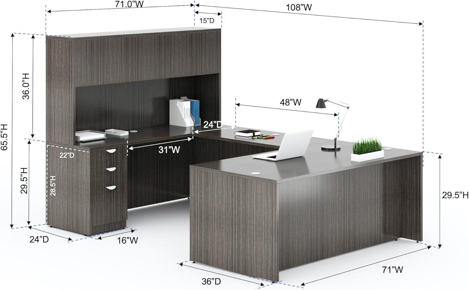 Boss Office Products Holland Series Executive U-Shaped Desk With File Storage Pedestal And Hutch, Driftwood