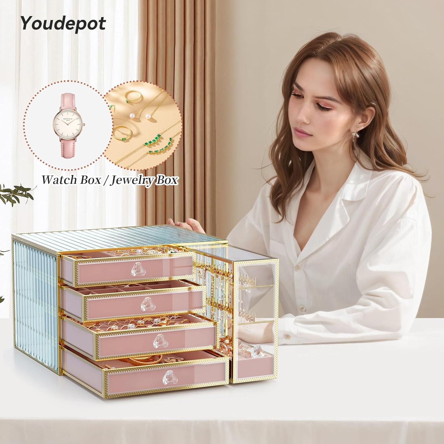 Youdepot Jewelry organizer box-Tempered Glass 5-Drawer jewelry boxes for women, Large Jewelry Boxes & Organizers With Velvet Necklaces Earring Organizer.