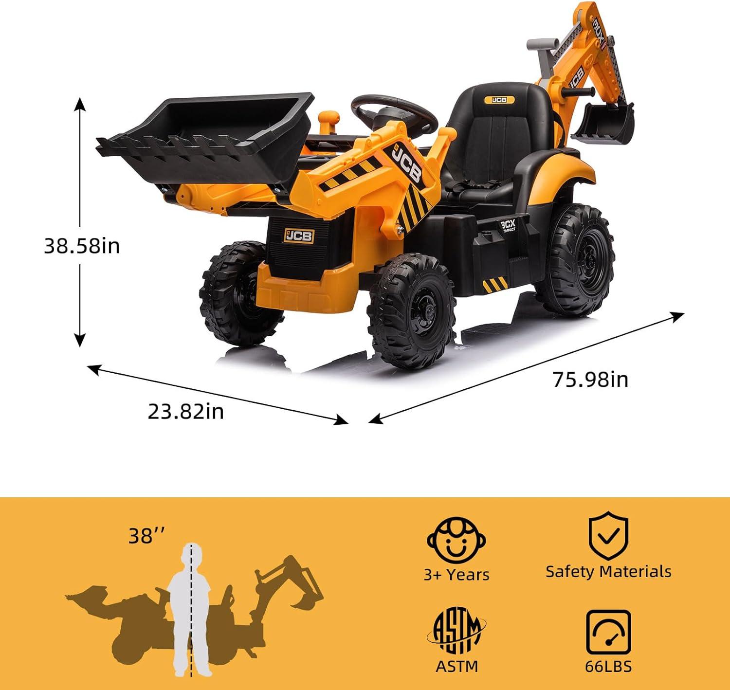 EastVita 12V Ride on Toys Tractor, Kids Ride on Car Toy Excavator Bulldozer, 12V Digger w/Trailer, Shovel Bucket, Digger, Remote Control, EVA Tires, LED Lights, Music, USB