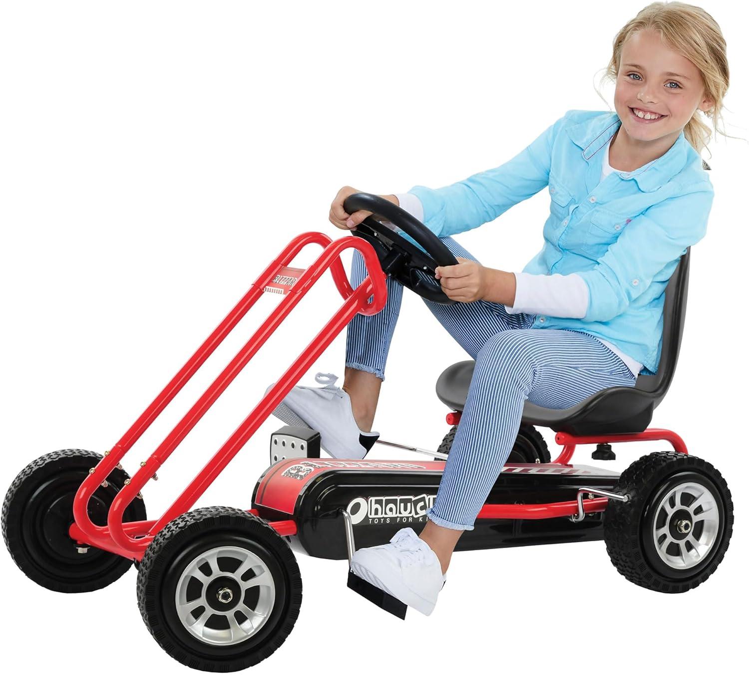 hauck Lightning Ride On Pedal Go Kart Toy with Ergonomic Adjustable Bucket Seat, Handbrake, and Sharp Handling for Boys and Girls, Red