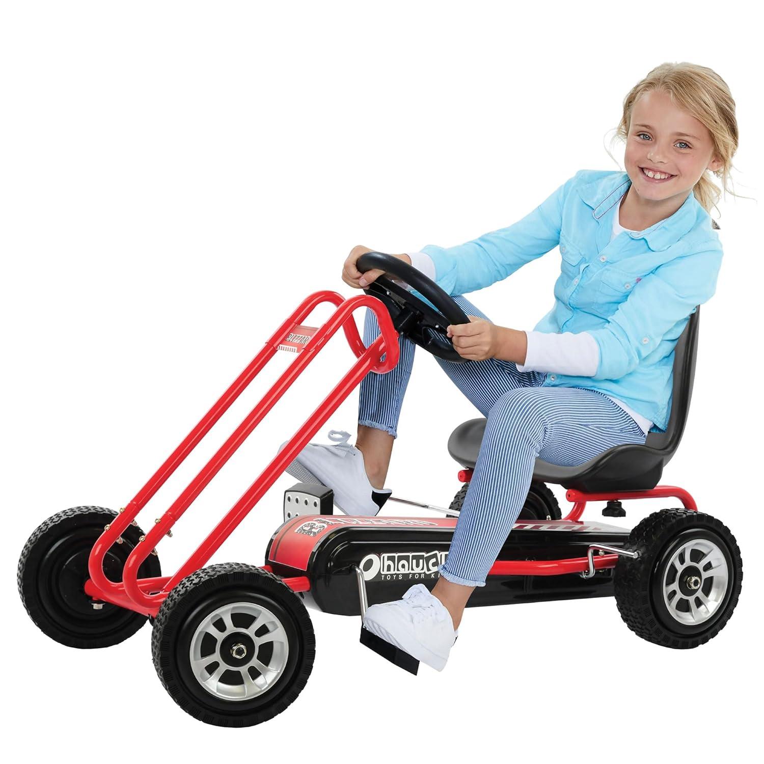 hauck Lightning Ride On Pedal Go Kart Toy with Ergonomic Adjustable Bucket Seat, Handbrake, and Sharp Handling for Boys and Girls, Red
