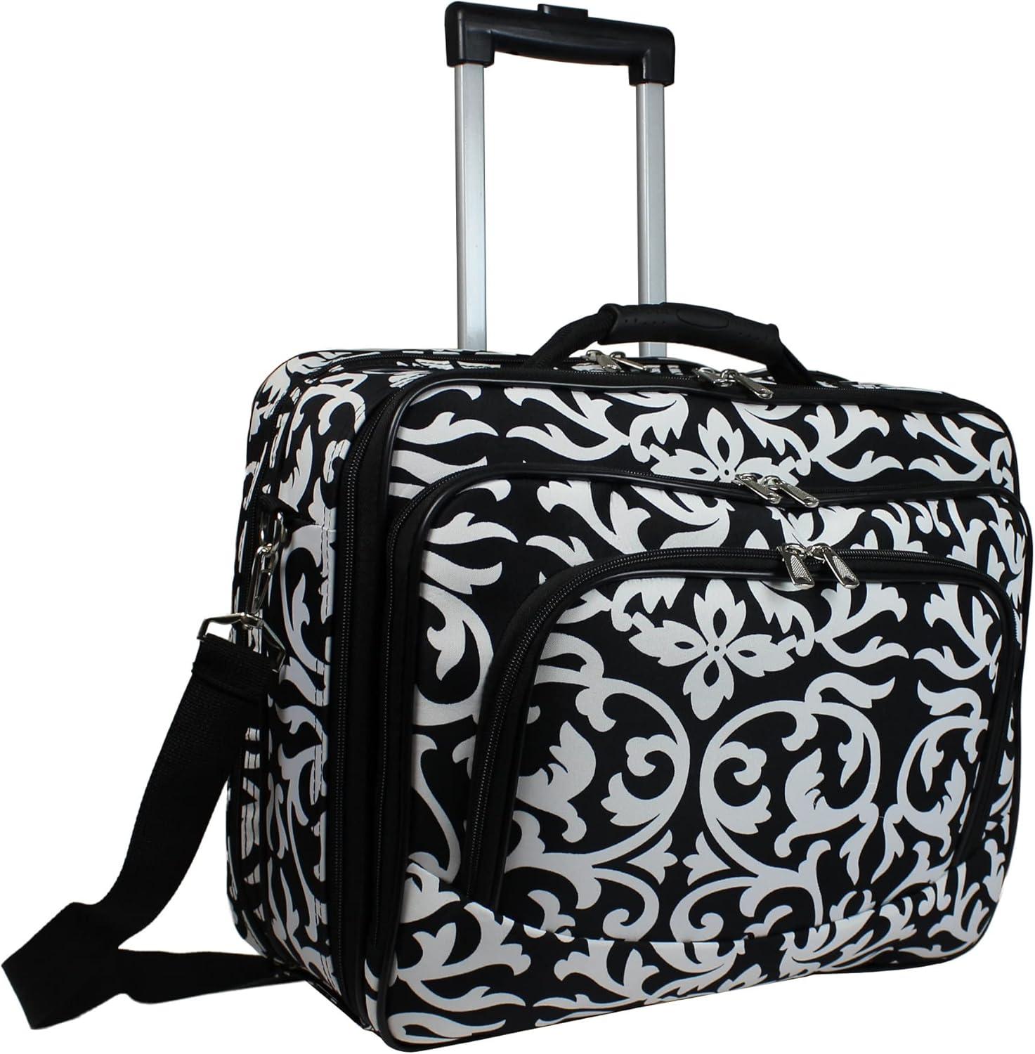 Damask Black and White Rolling Laptop Briefcase with Telescopic Handle