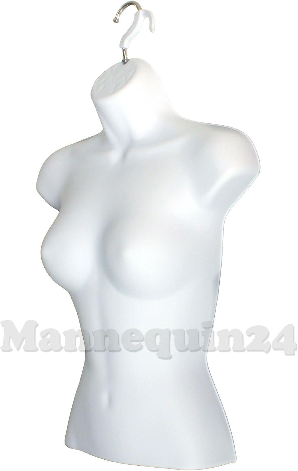 DisplayTown White Male + Female Mannequin Hollow Back Body Torso Set w/ Metal Stand and Metal Pole & Hanging Hook, S-M Sizes