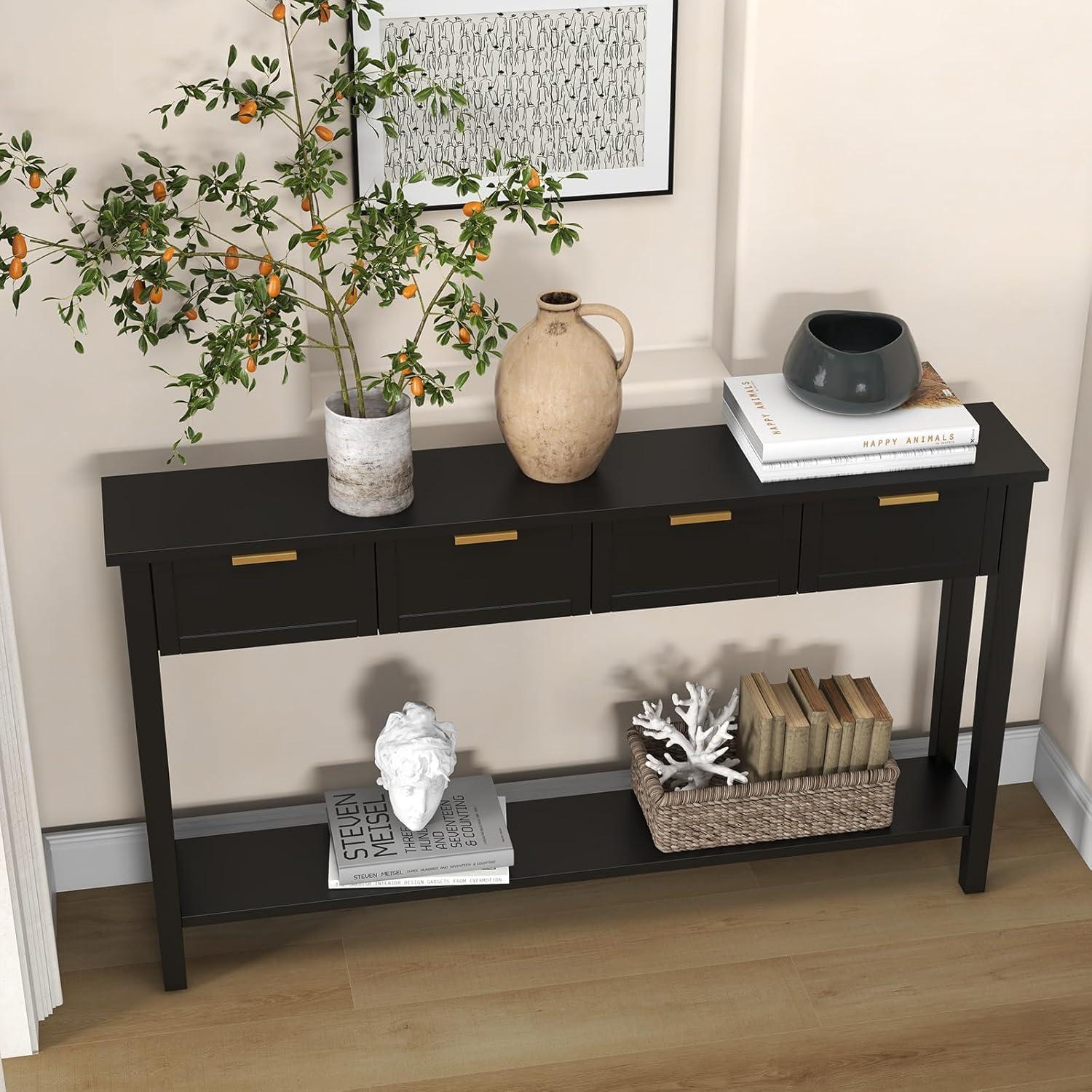 Kinfant Morden Console Table with Drawers, Narrow Sofa Table with Storage Shelf for Living Room, Entryway, Hallway, Black