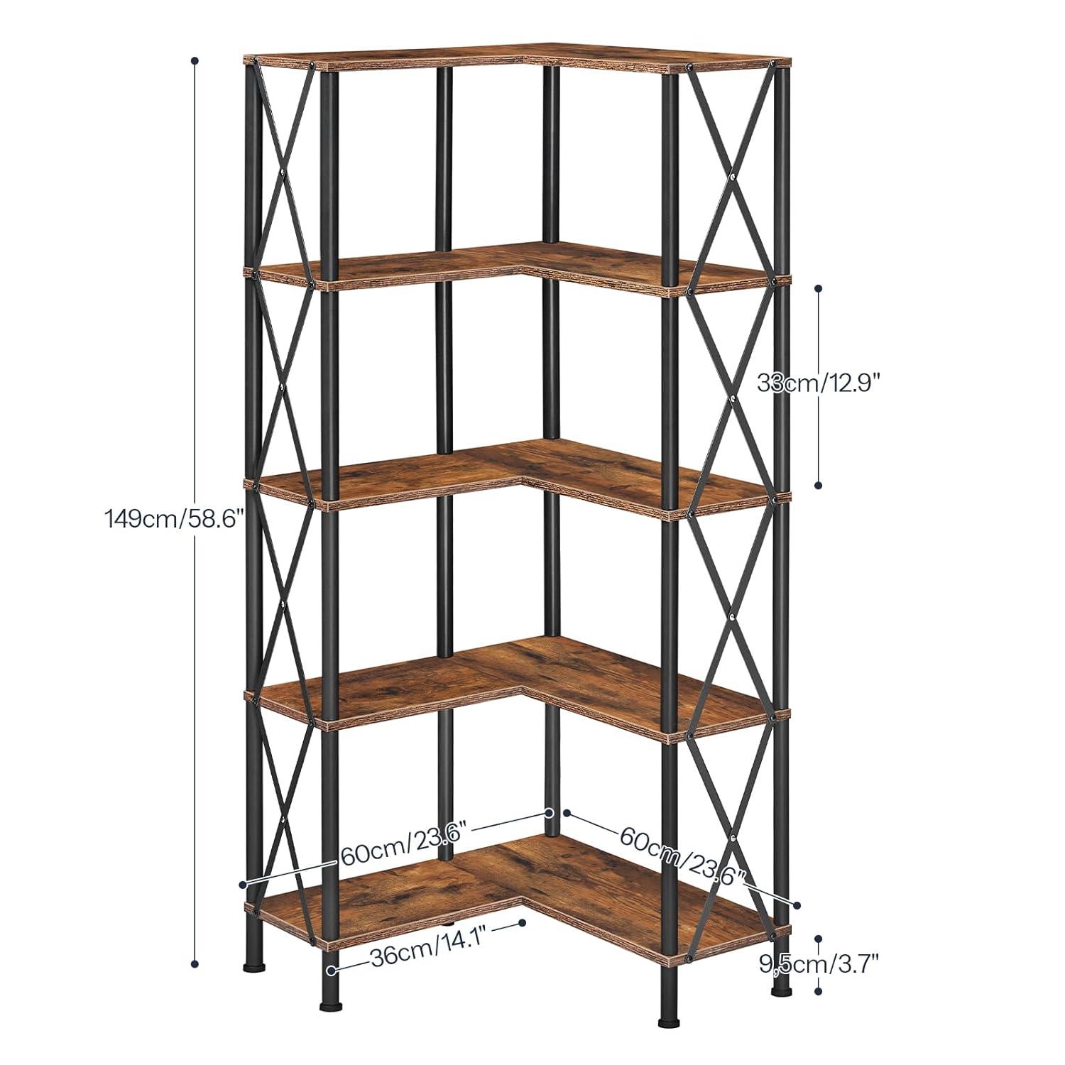 HOOBRO Corner Bookshelf, 5-Tier L-Shaped Bookcase, Industrial Open Display Shelf Tall Storage Organizer, Vertical Storage Rack, for Living Room, Home Office, Black BB60SJ01