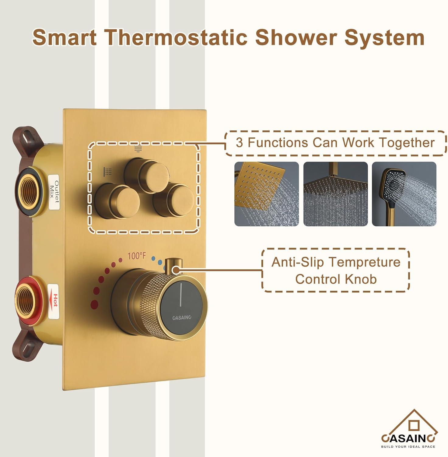 Rainfall Symphony 12inch 3-Function Dual Shower Head Thermostatic Shower System with 3 Sprays Handheld