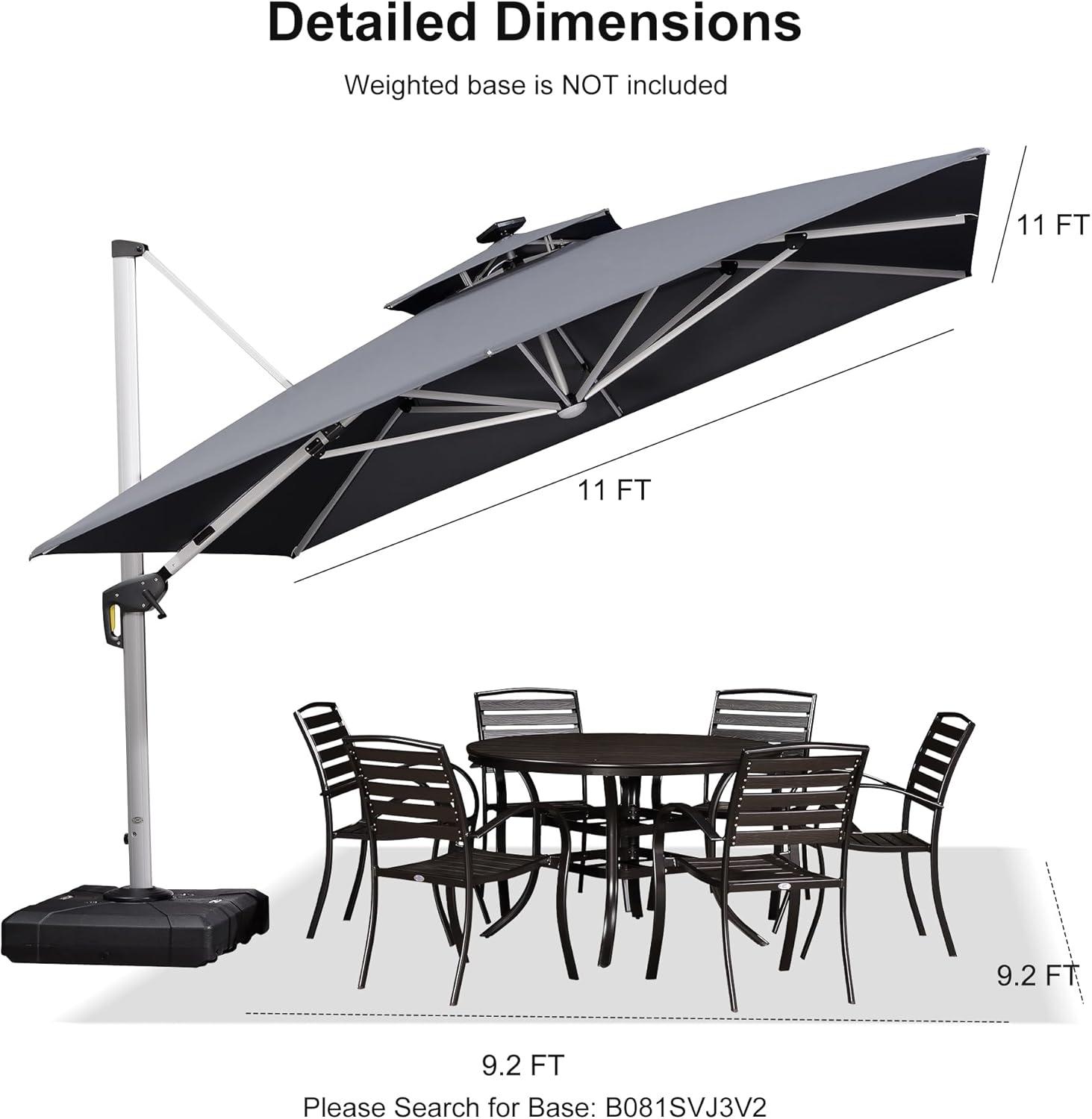 PURPLE LEAF 11FT Square Double Top Deluxe Solar Powered LED Patio Umbrella Outdoor Cantilever Umbrella, Gray