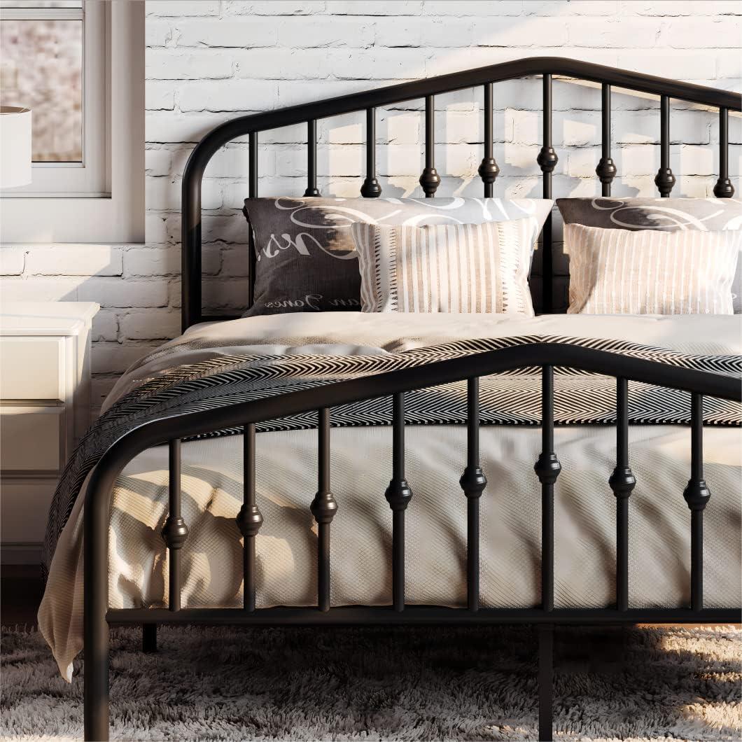 Full Size Black Metal Platform Bed Frame with Victorian Headboard