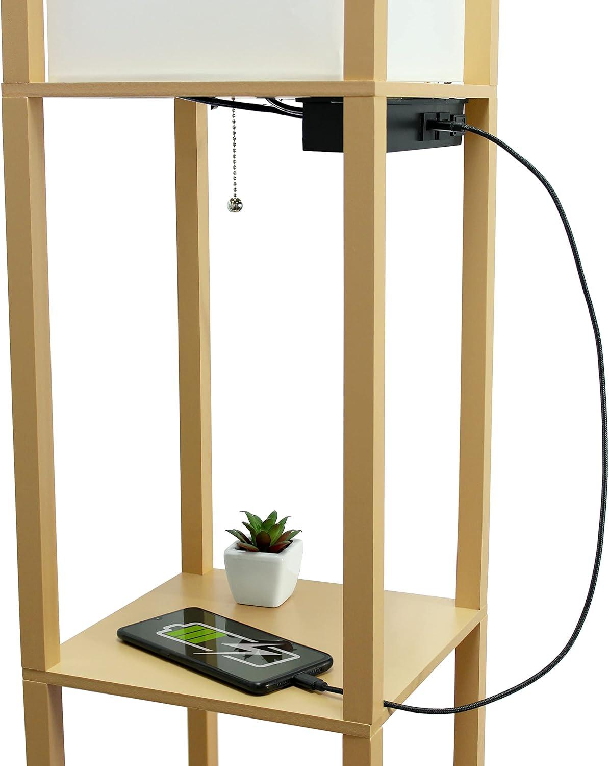 Floor Lamp Etagere Organizer Storage Shelf with 2 USB Charging Ports and Linen Shade - Simple Designs