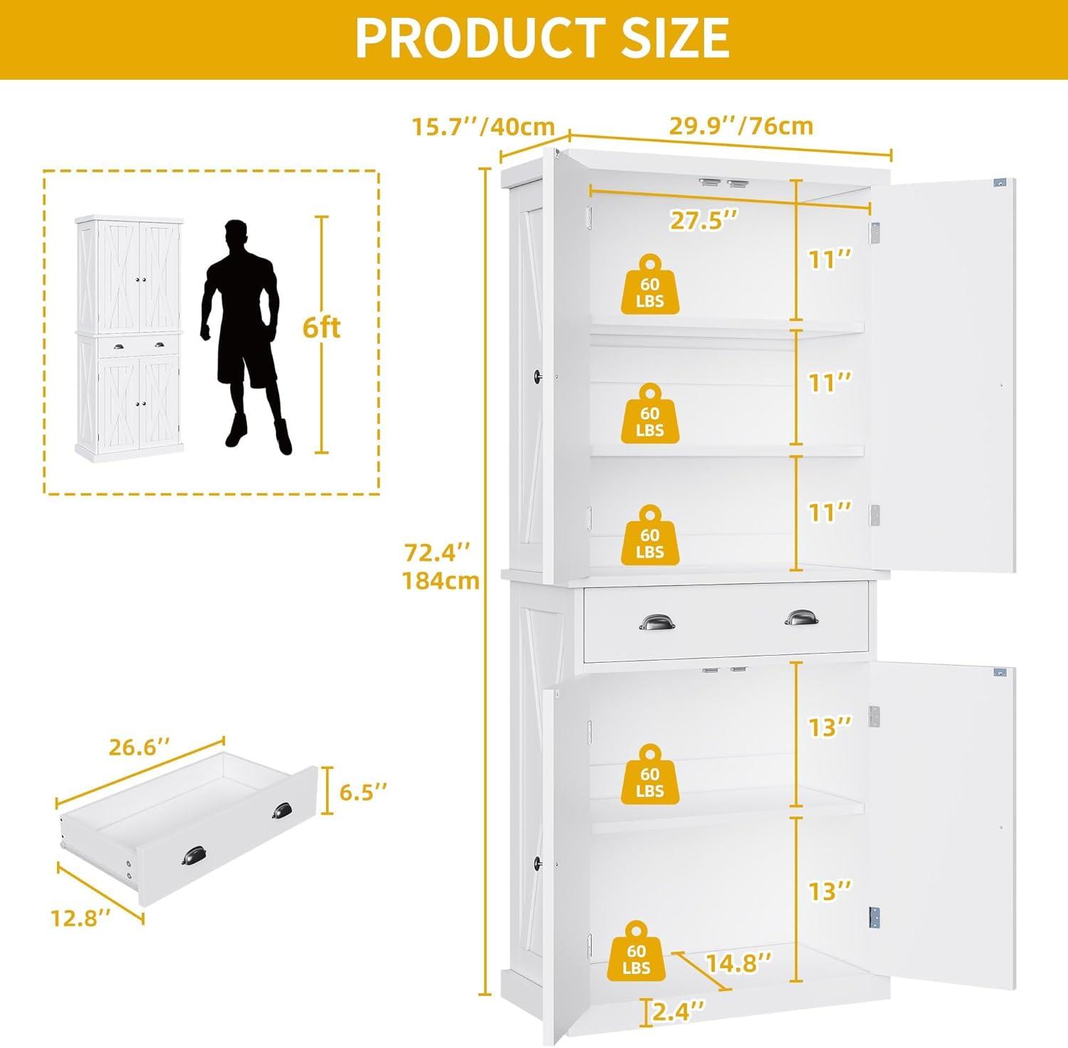 Gracie Oaks Sneyd 72" H Wood Farmhouse Kitchen Pantry Cabinet with Adjustable Shelves & Drawer
