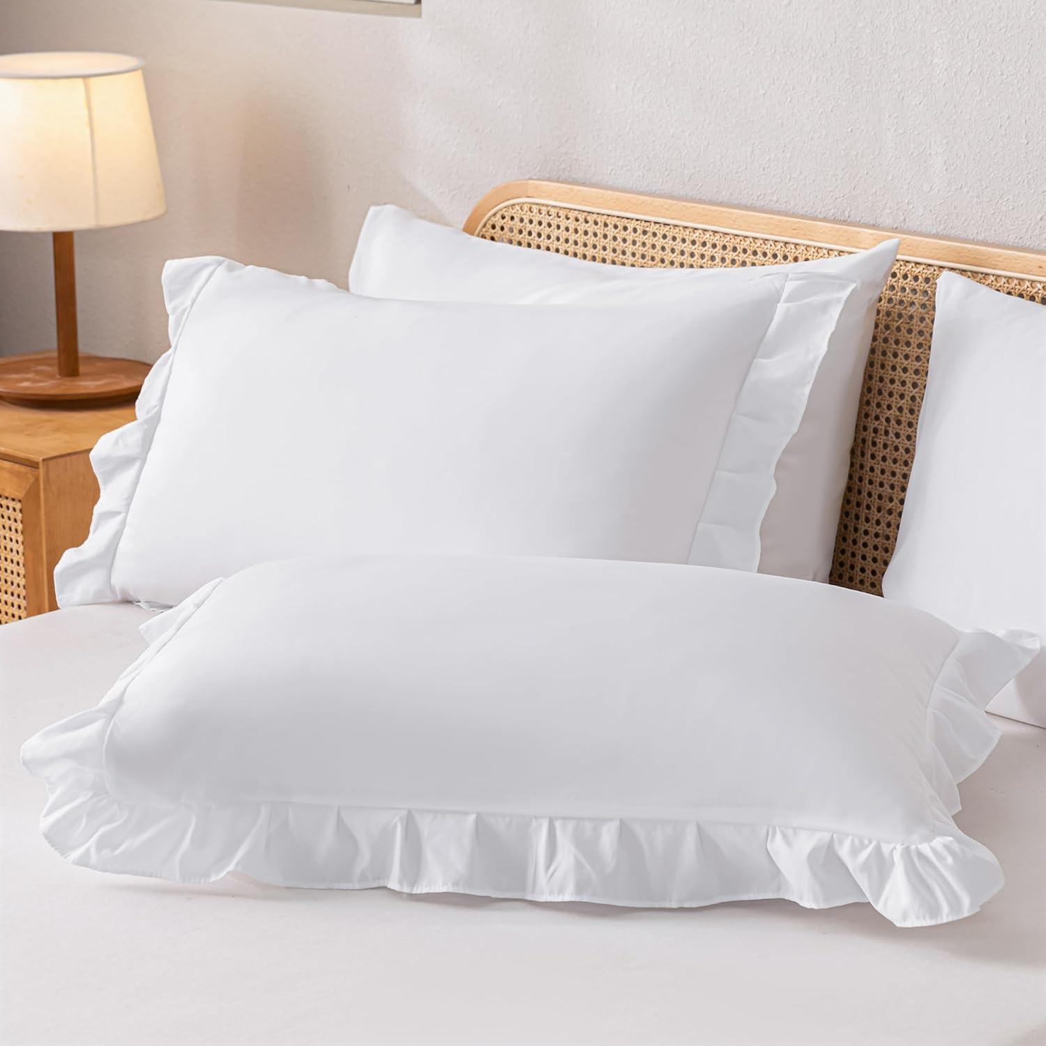 White Microfiber Queen Ruffle Comforter Set with Pillowcases