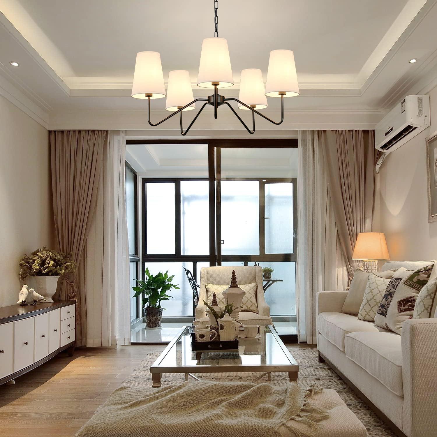 5-Light 30” Modern Chandelier with White Shades, Classic Pendant Ceiling Light Fixture for Dining Room, Black Chandelier with E12 Base Hanging Lamp for Living Room Hallway Bedroom, Height Adjustable