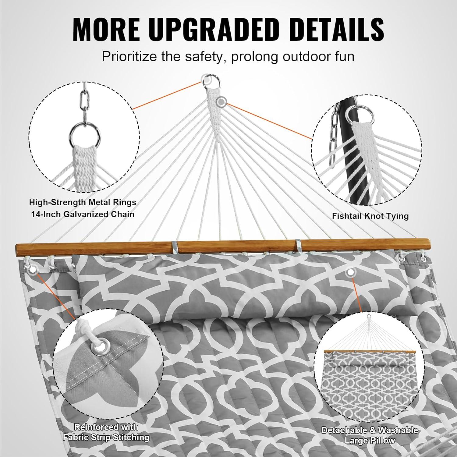 Double Quilted 12 FT Hammock for 2 Persons, Hardwood Spreader Bars, 480 lbs Capacity, with Detachable Pillow and Chains - Ideal for Outdoor Camping, Patio, Beach, and Yard Relaxation