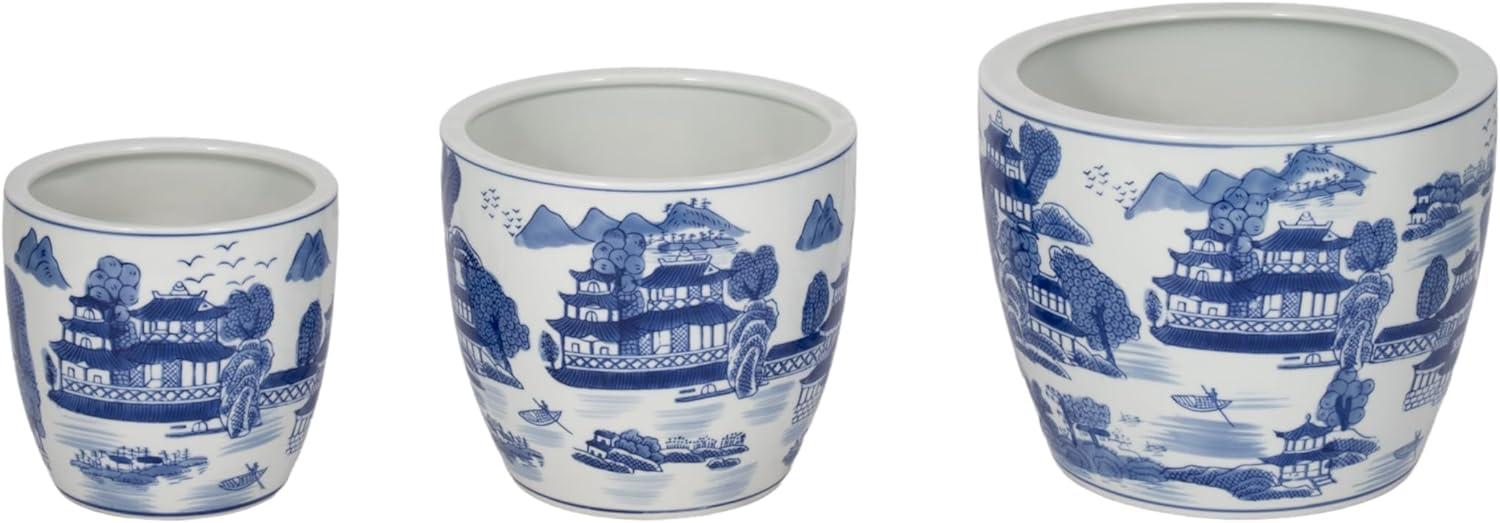 Set of 3 Blue and White Chinoiserie Ceramic Planters