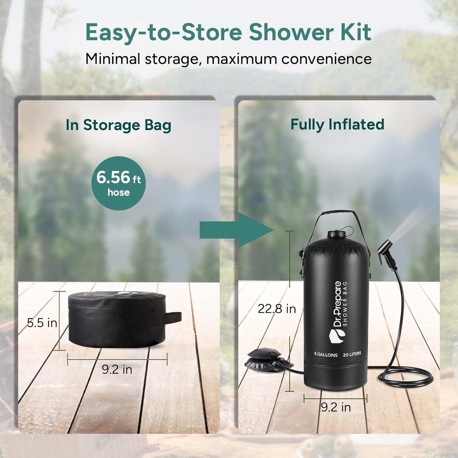 Black PVC Portable Camping Shower with Foot Pump, 5 Gallons
