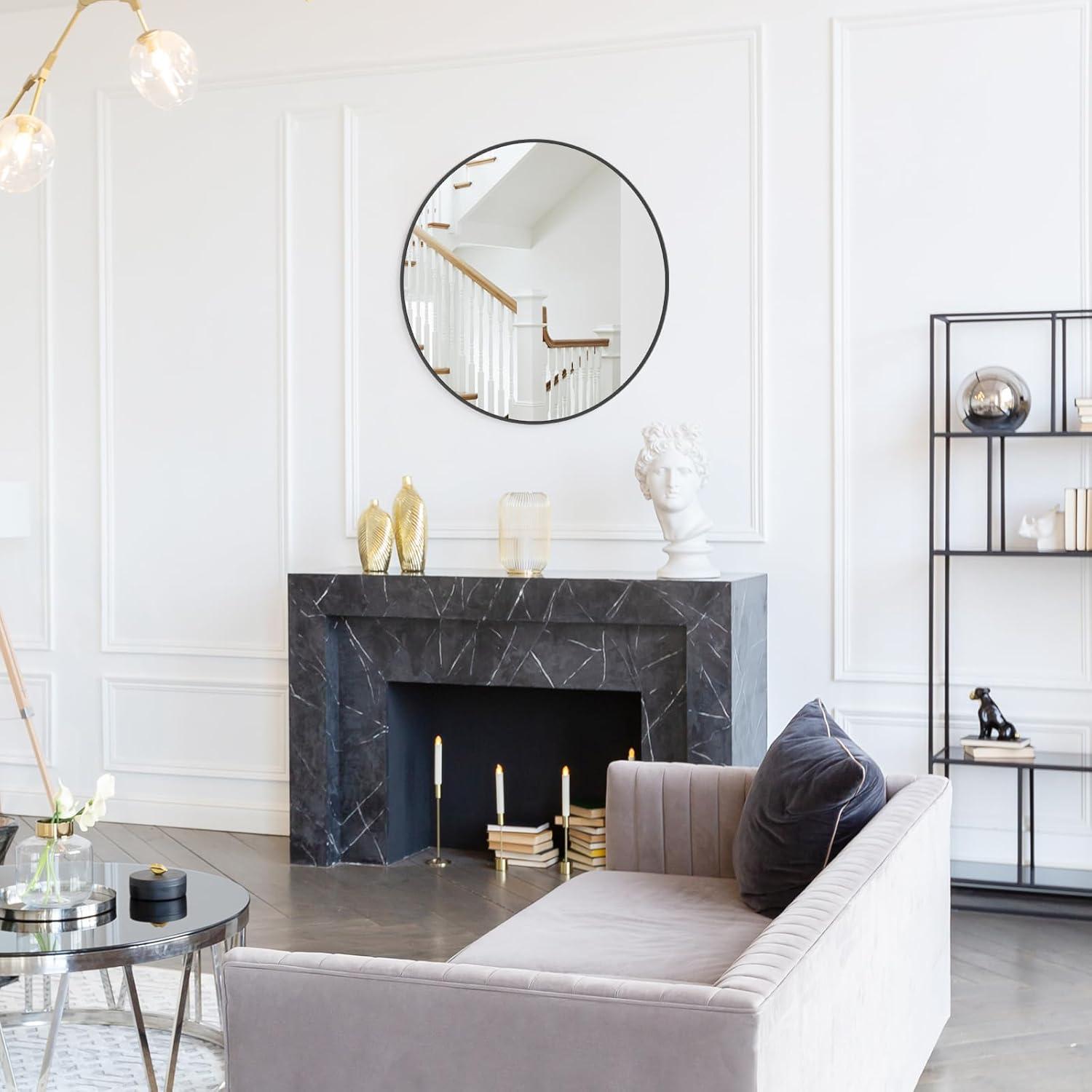 WallBeyond Classic Wooden Frame Farmhouse Round Wall Mirror Satin Black 24 inches Black