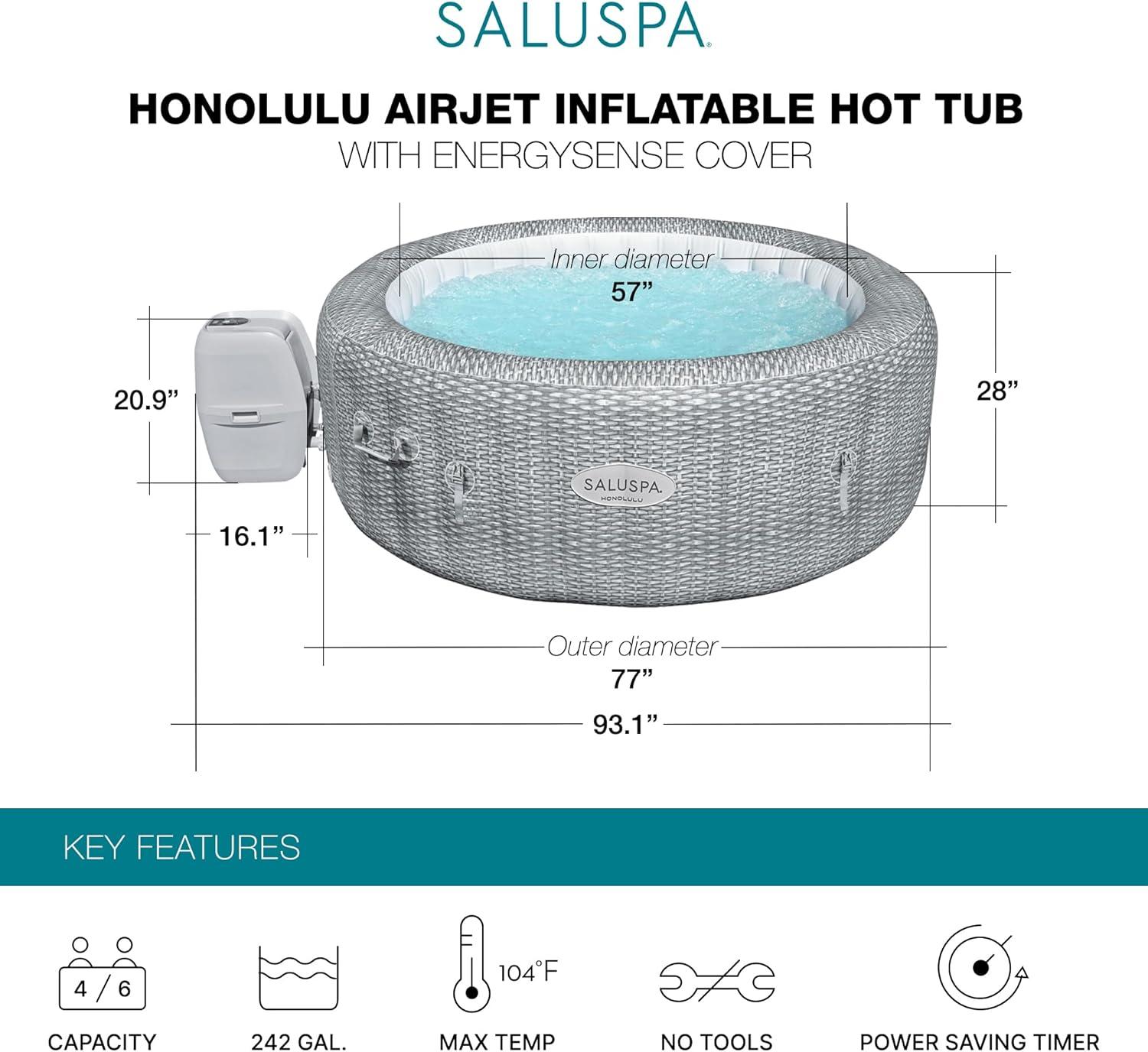 Bestway SaluSpa Honolulu AirJet Inflatable Hot Tub with EnergySense Cover