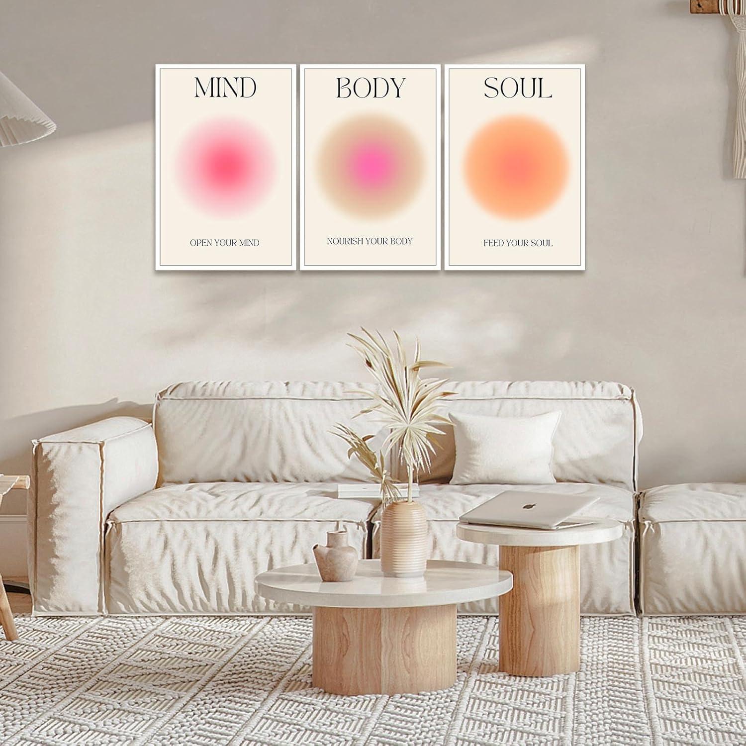 Asdg12s-Positive Aura Posters for Room Aesthetic 3 Piece Colorful Aura Grainy Gradient Canvas Wall Art Spiritual Soul Body Mind Quote Print Painting Danish Pastel Home Wall Decor for Bedroom