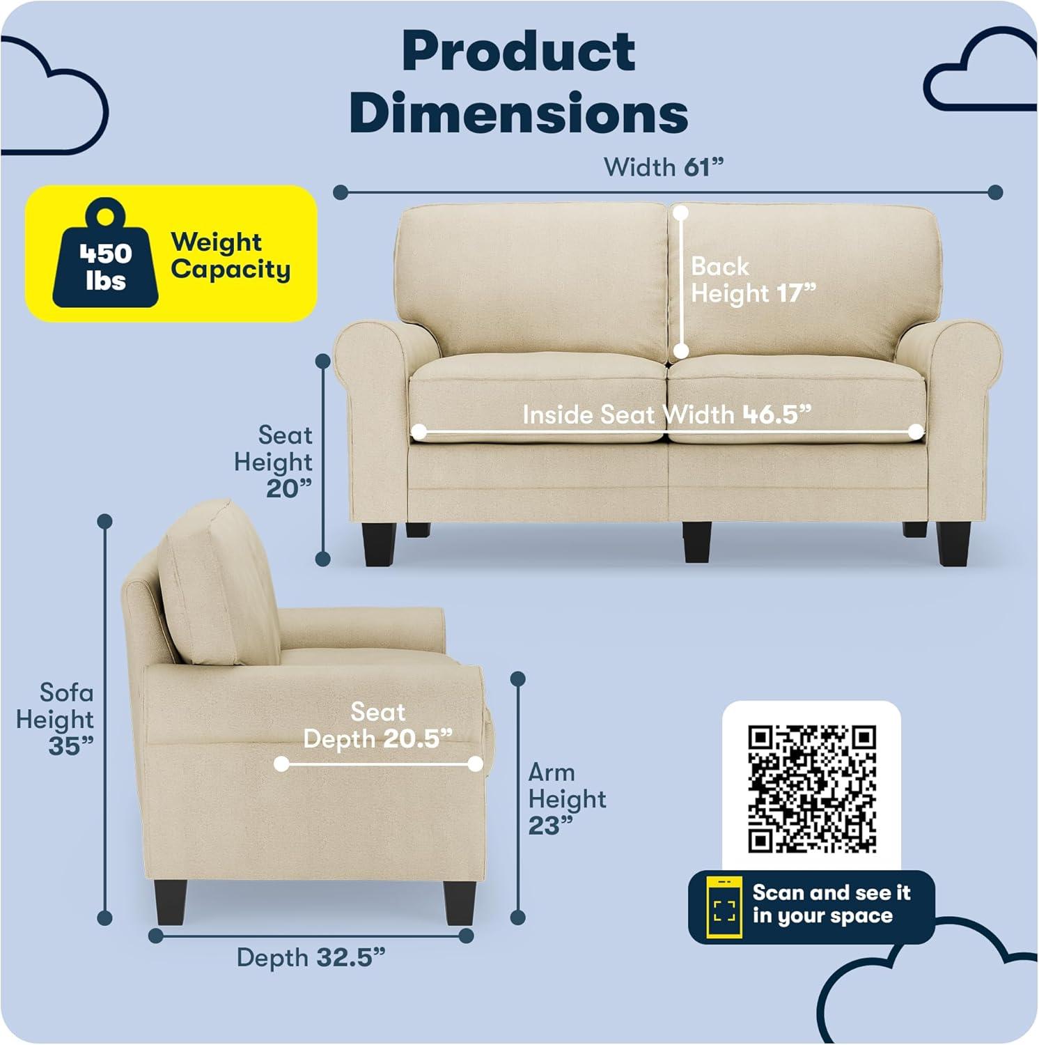Serta Copenhagen 61" Rolled Arm Sofa, Easy Care Fabric, Soft Pillow Back, Pocket Coil Seat Cushions