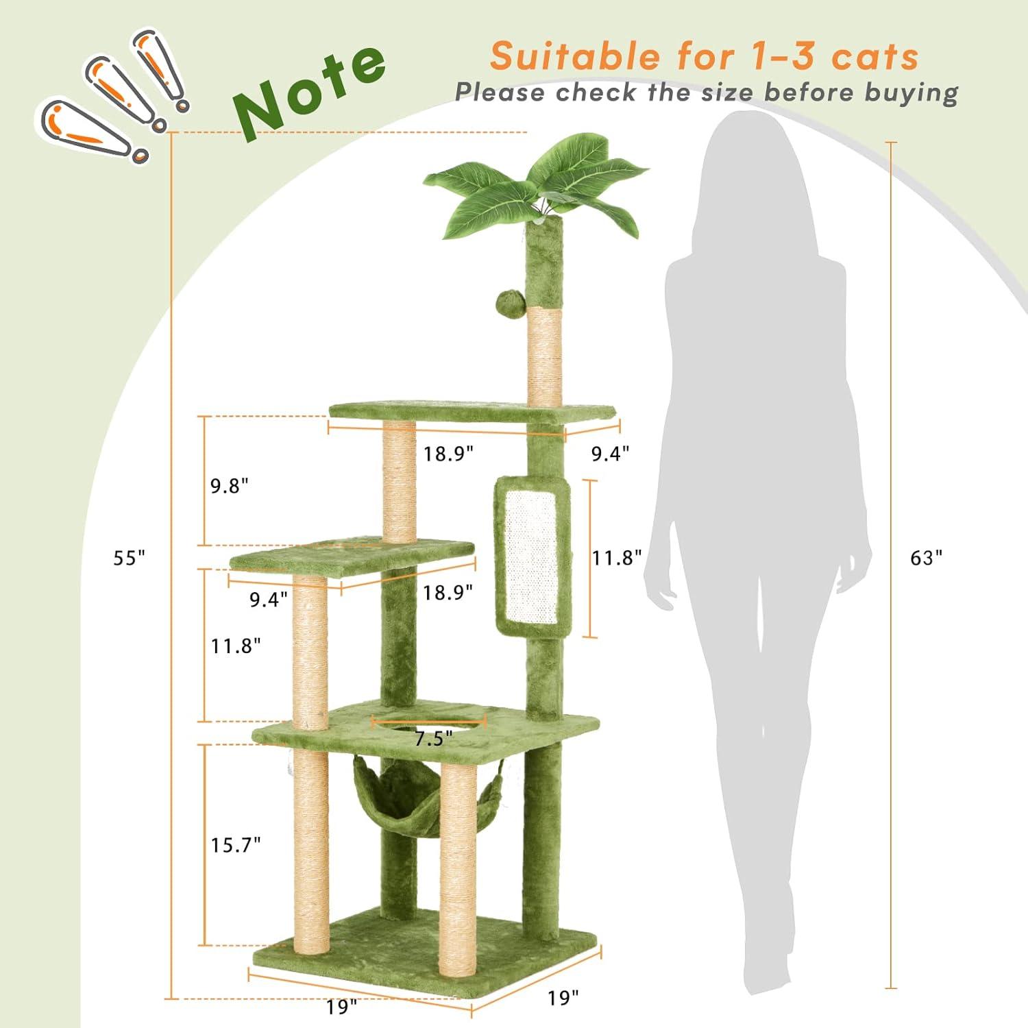 55'' Green Multi-Level Cat Tree with Hammock and Sisal Posts