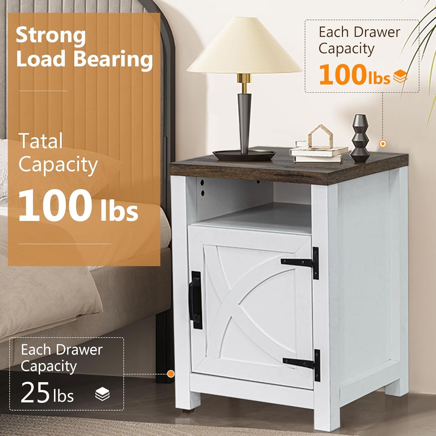 Wood Nightstands with Charging Station End Table Bedside Tables with Barn Door