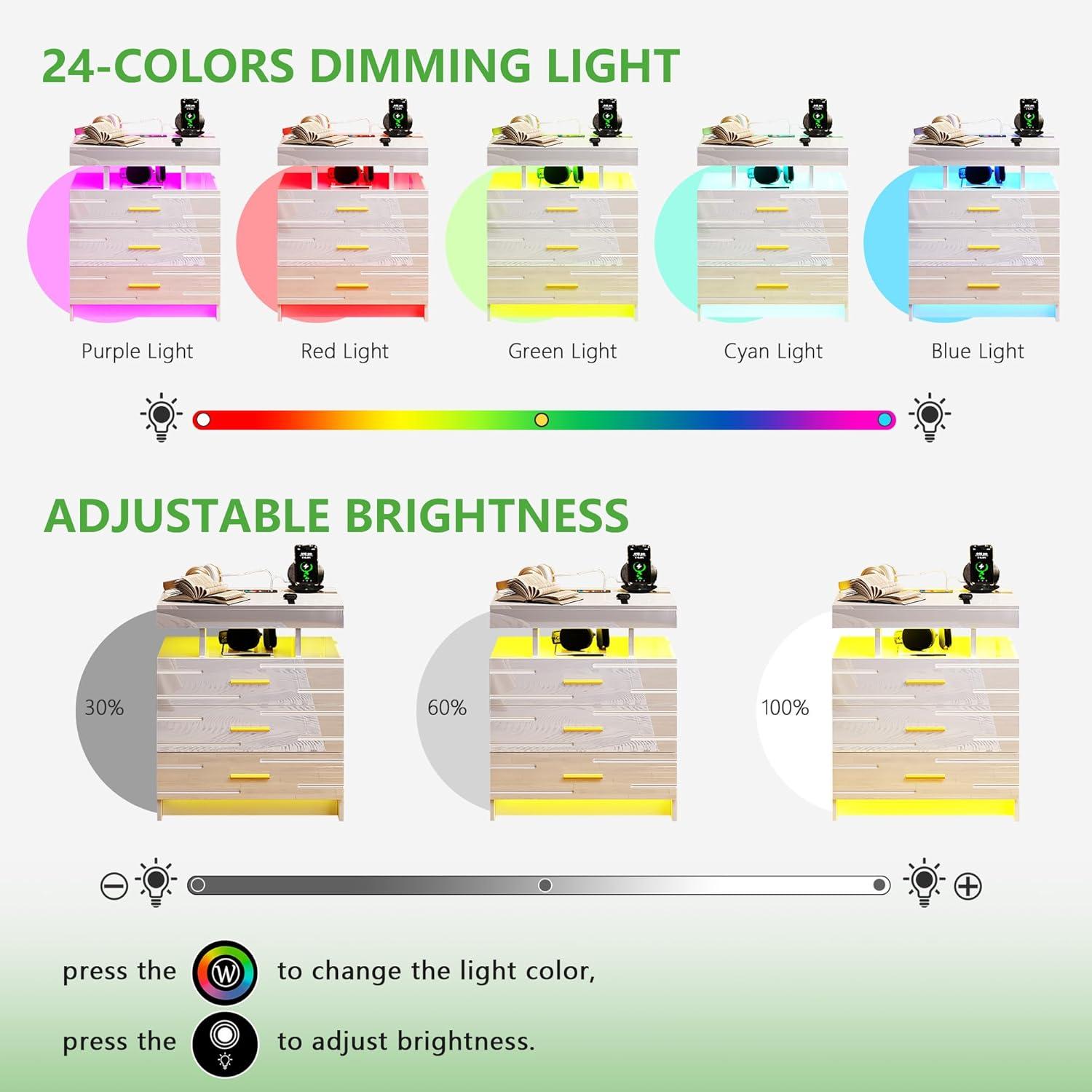 HNEBC Smart LED Nightstand with Wireless Charging & USB Ports, High Glossy Night Stand with 3 Drawers and 1 Pull-Out Tray, Modern Bedside Table with Human Sensor for Bedroom (White)