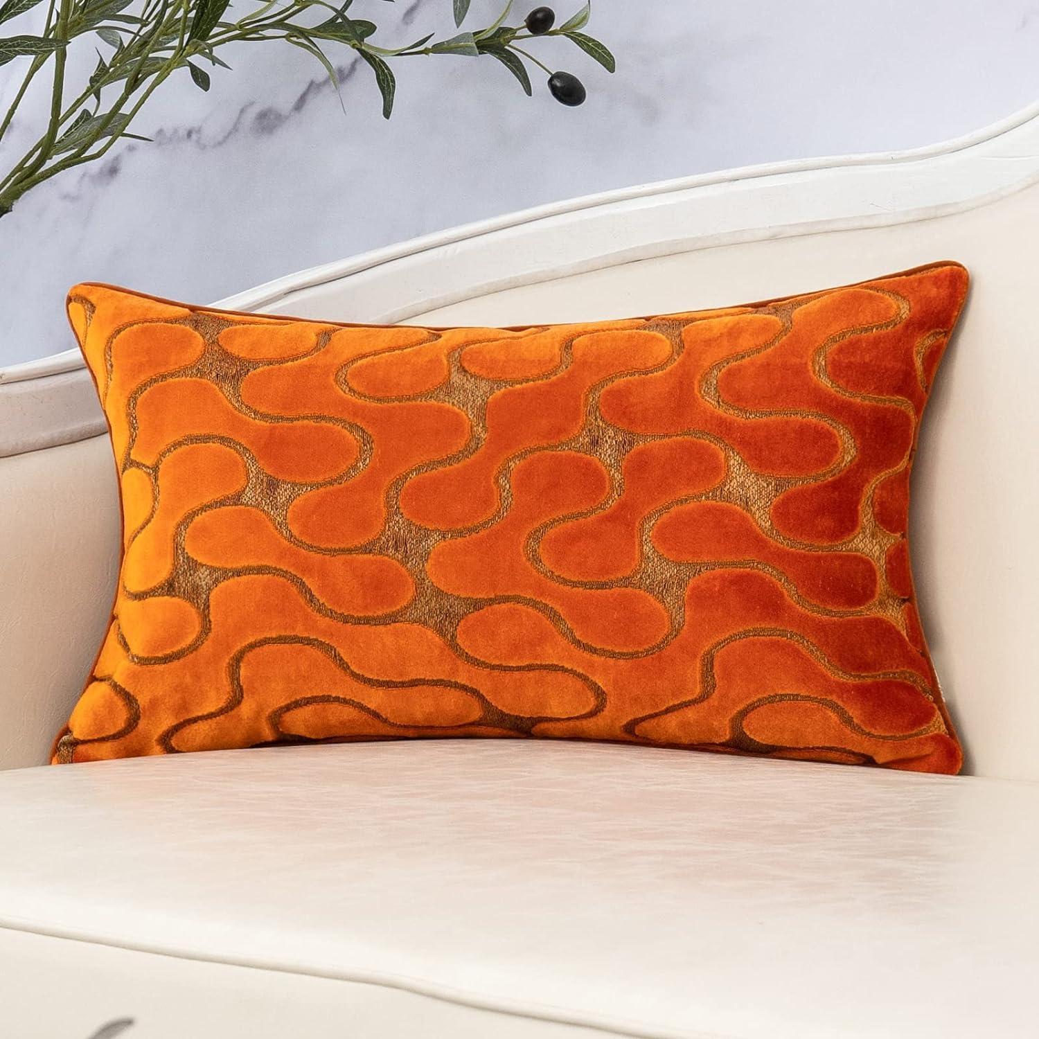 Burnt Orange Velvet Wavy Lumbar Pillow Cover 12x20 Inch