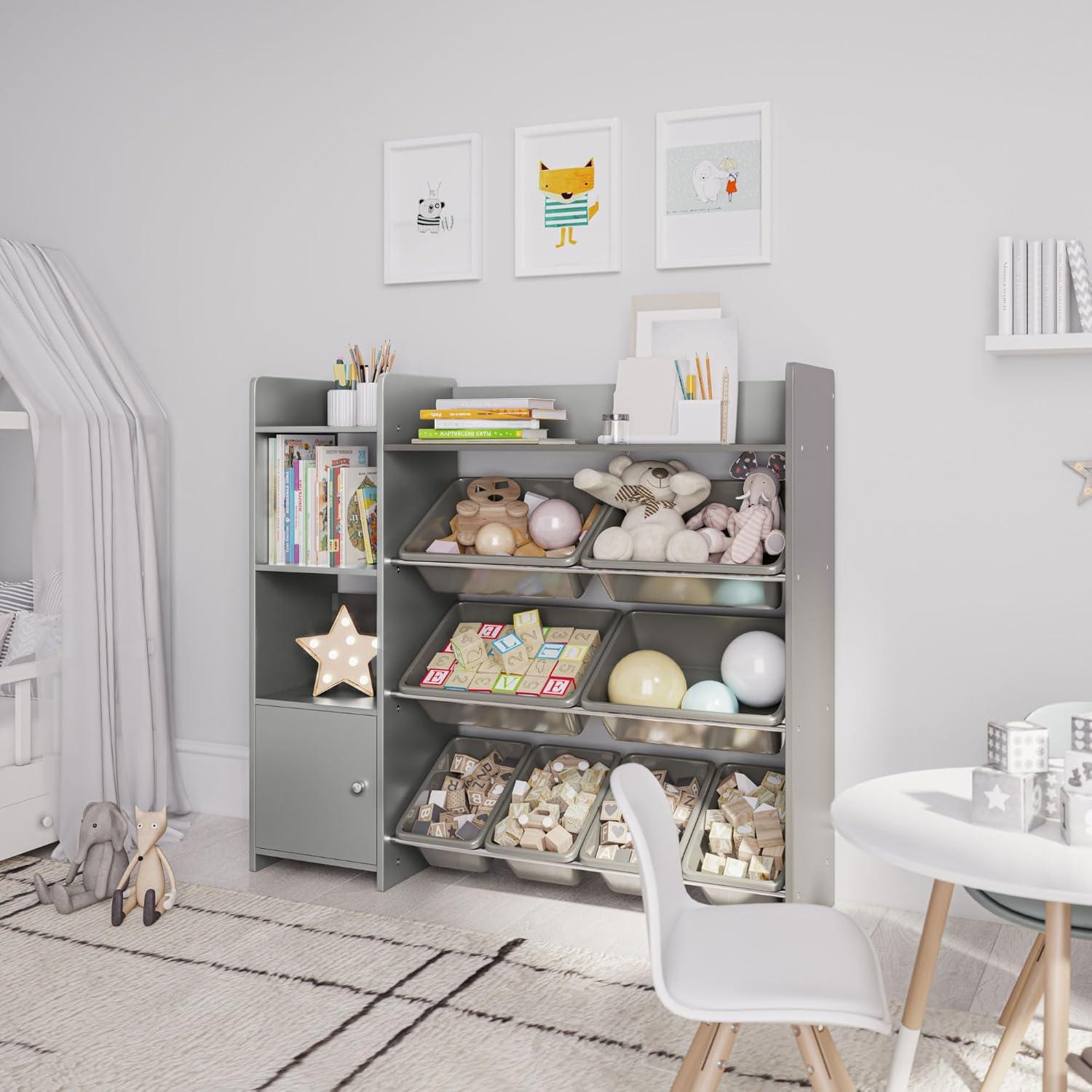 Gray Kids Toy Storage Organizer with Bookshelf and Bins