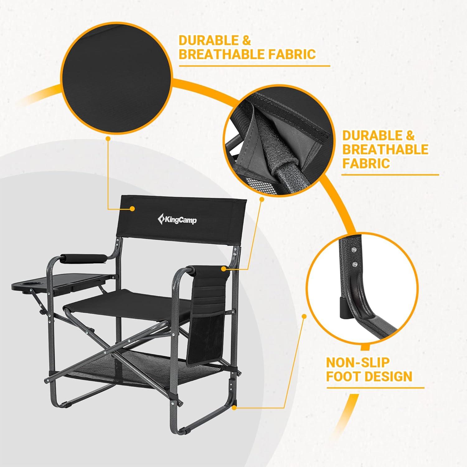 KingCamp KingCamp Outdoor Folding Director Chair w/ Side Table Bottom Mesh Storage, Black