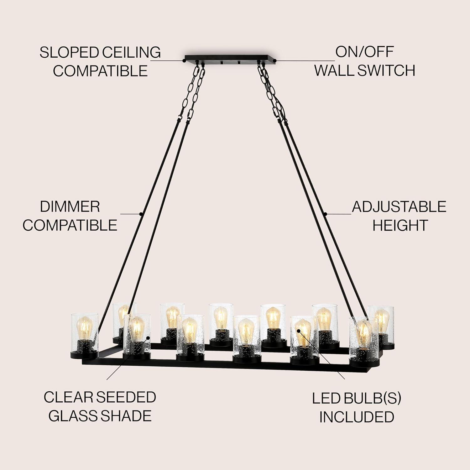 Athos 45.5" 12-Light Seeded Glass/Iron Rustic Farmhouse Linear LED Candelier, Oil Rubbed Bronze