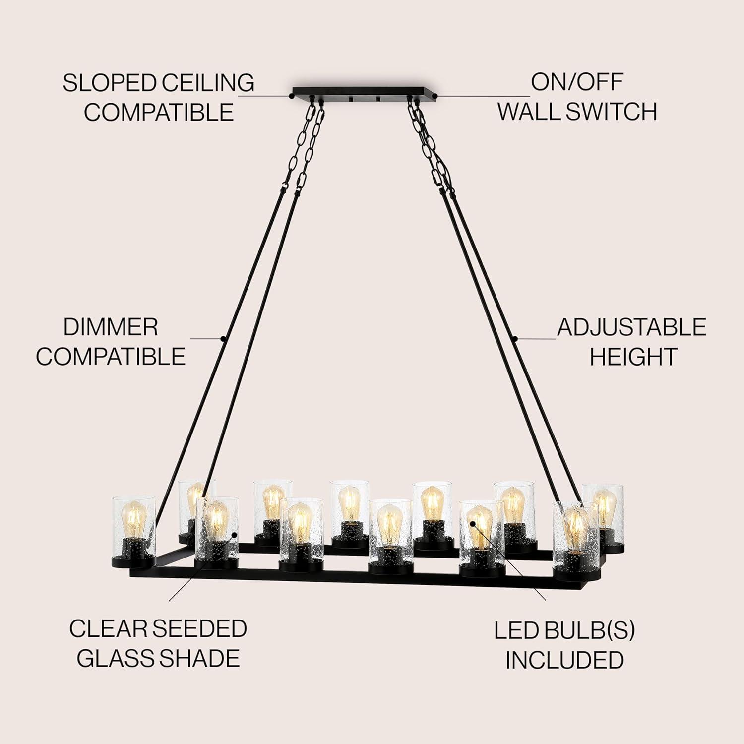 JONATHAN Y JYL7555A Corona de 45,5" - 12 Luces de Vidrio sin Semillas/hierro Rústico Granja Rectangular LED Candelier, Industrial, Vintage para Sala de Estar, Comedor, Dormitorio Bombilla Incluida, Bronce Aceitado