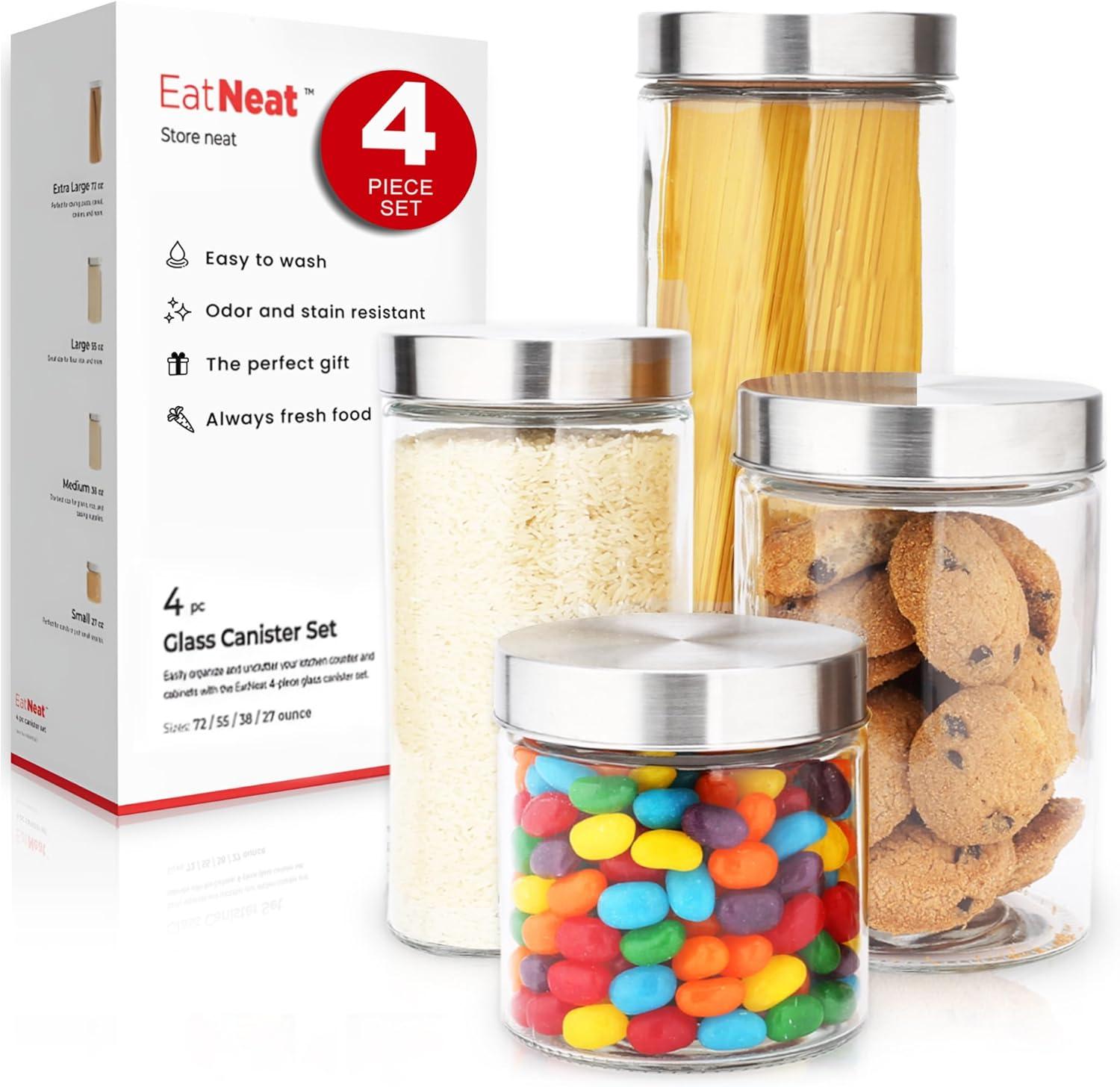 EatNeat 4-Piece Clear Glass Canister Set with Stainless Steel Lids