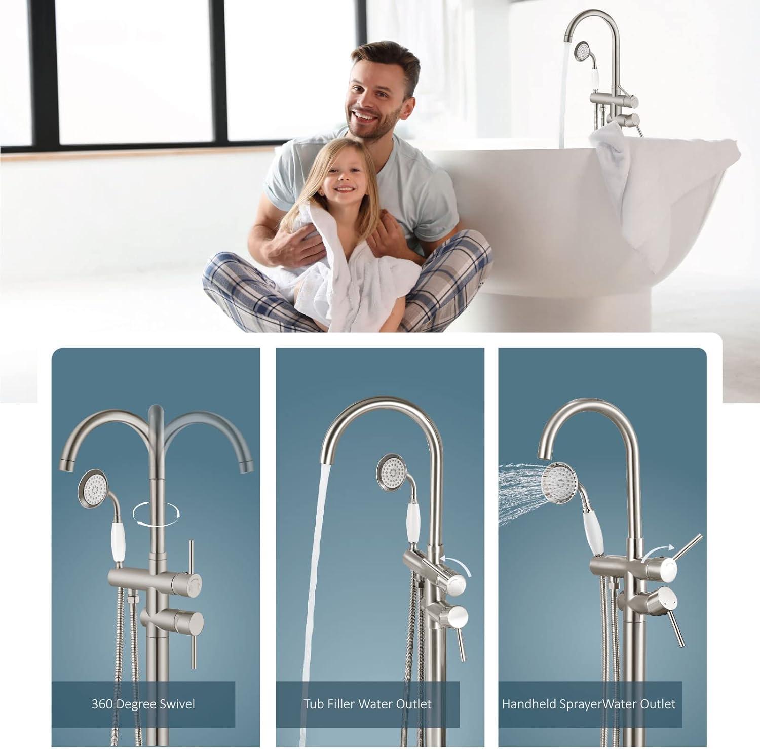 Brushed Nickel Freestanding Tub Faucet with Handheld Shower